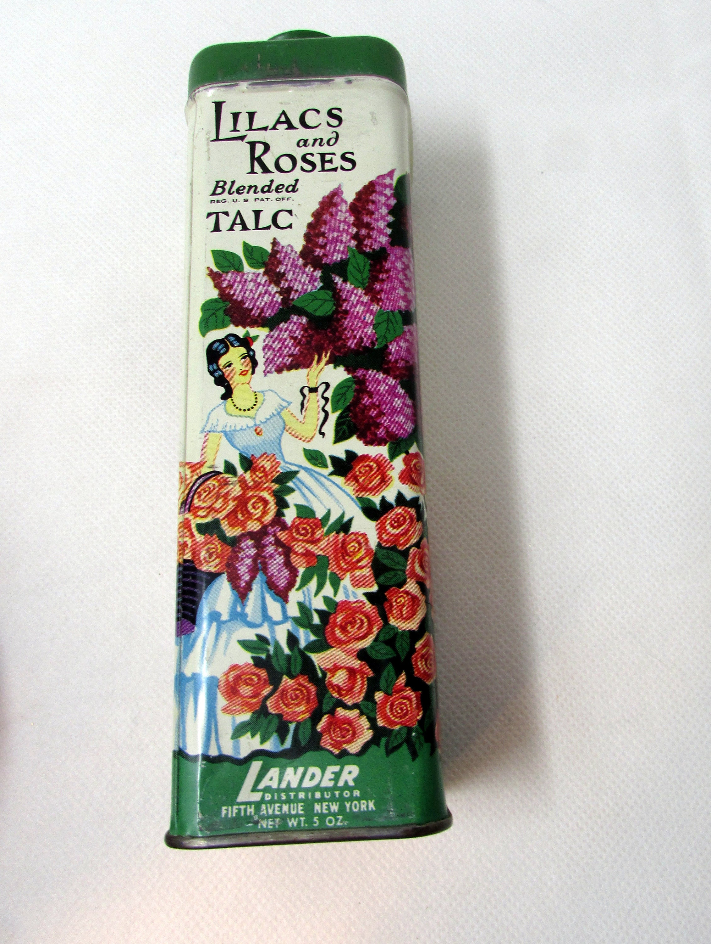 Vintage Landers Lilacs & Roses Blended Talc Tin, 1940's Powder, Nearly Full Floral Tin