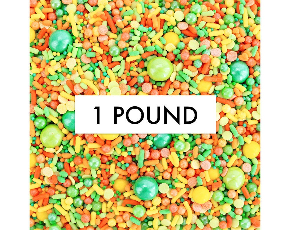 Tropical Delight Sprinkle Blend - 1 lb -Tropical Inspired Bright Blend Of Orange, Green & Yellow Jimmies, Non-Pareils, Dots Candy Beads