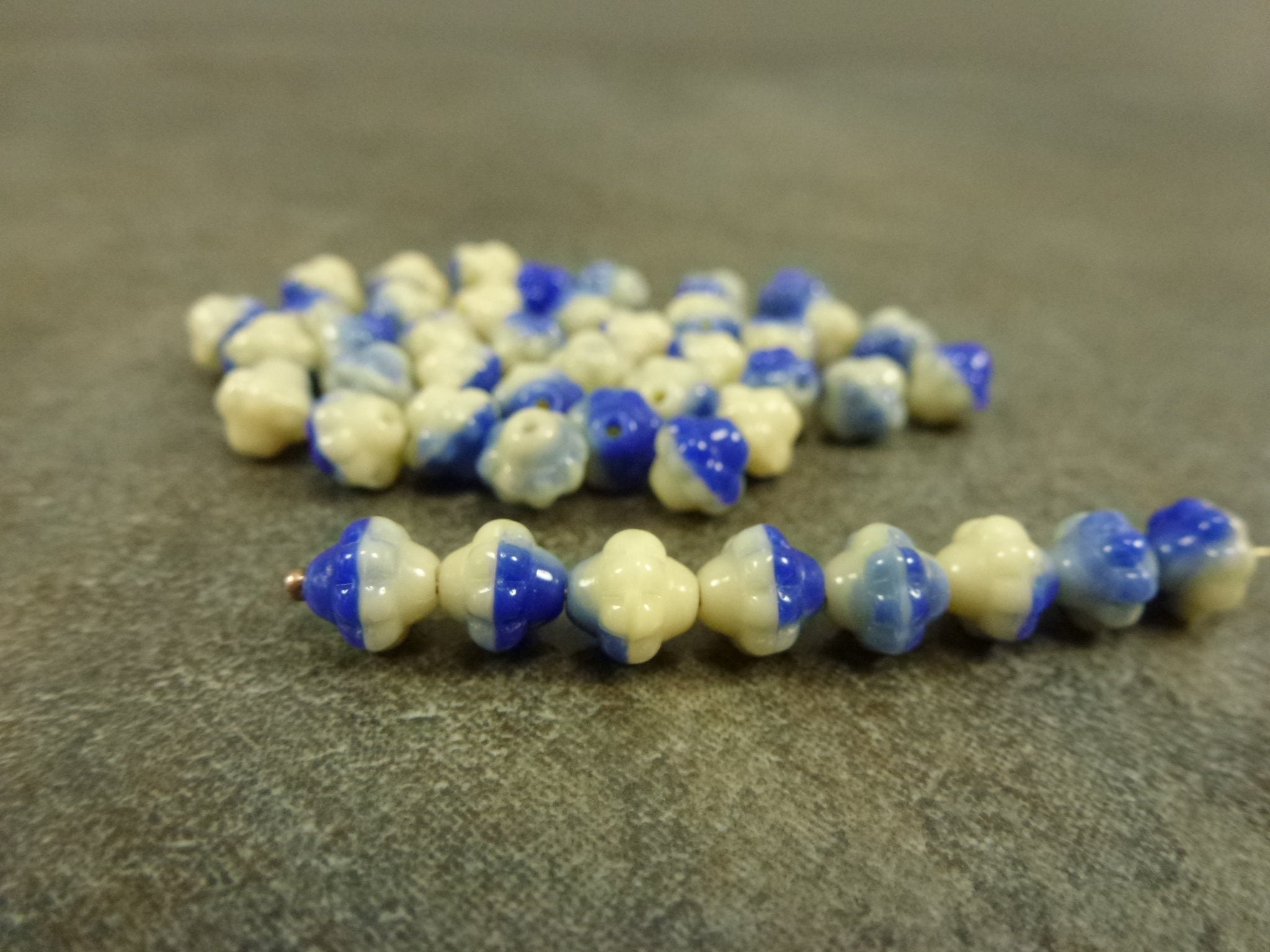 Cream & Blue Blend, Czech Glass Turbine Beads, 6mm, 50Pc, Etched Pressed Mulberry Saucer Rondelle