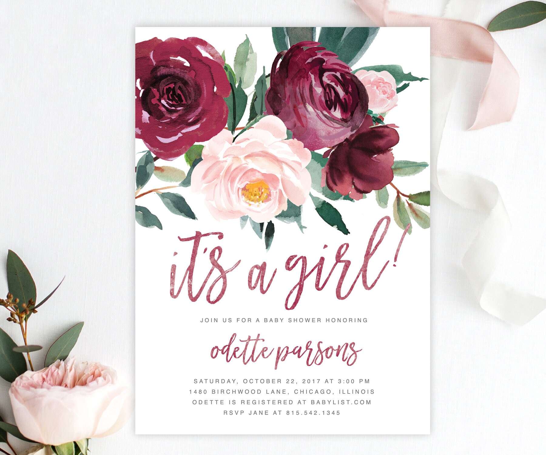 Baby Shower Invitation, It's A Girl Invite Marsala, Burgundy, Wine, Blush Pink Florals & Greenery - Printed Or Printable Br-O, Odette