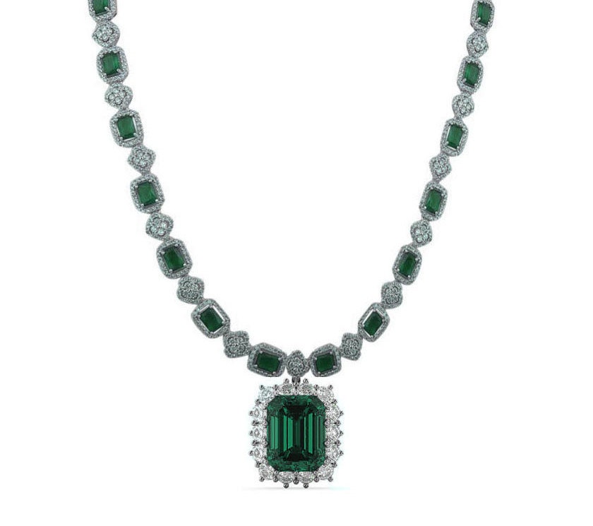 Big Emerald Cut Green Diamonds Necklace For Her With 10Kt Gold Over Siver, Wedding Necklace, Sterling Silver Emerald Gift