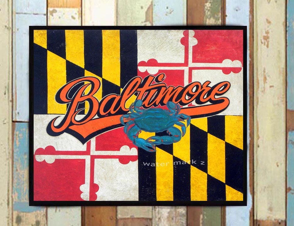 Baltimore Maryland Flag & Chesapeake Bay Blue Crab Print From An Original Hand Painted & Lettered Sign. Art, Vintage Decor
