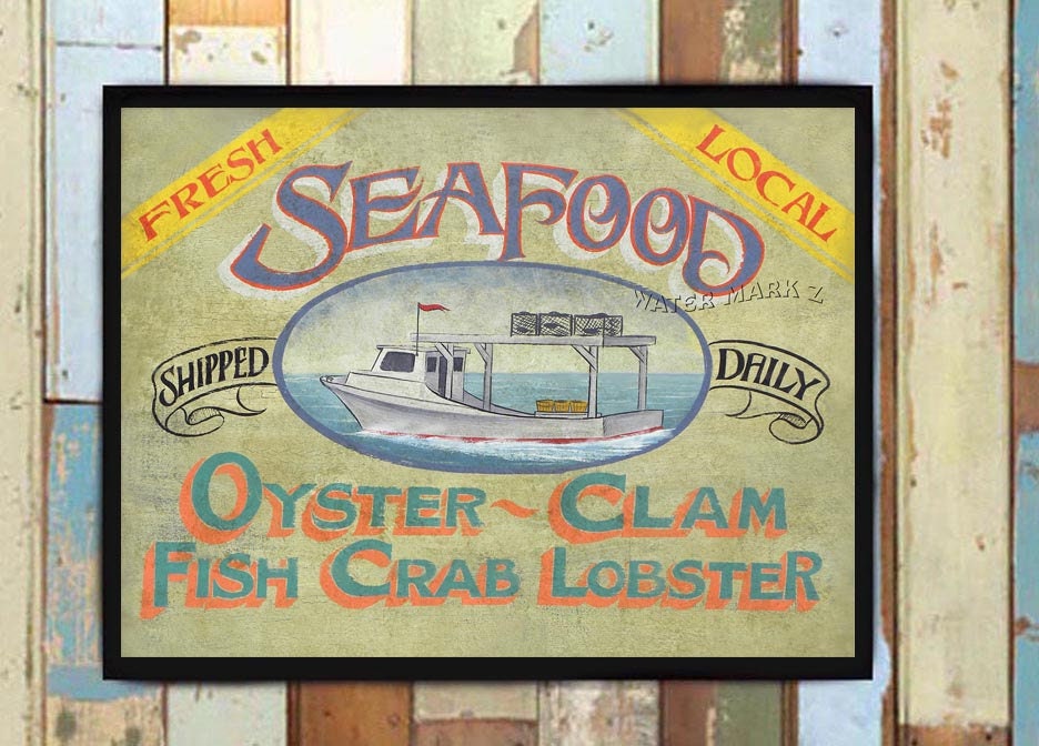 Seafood Print From A Hand Painted & Lettered Sign With Watermans Boat, Clam, Fish, Lobster, Local Fresh. Beach House Decor