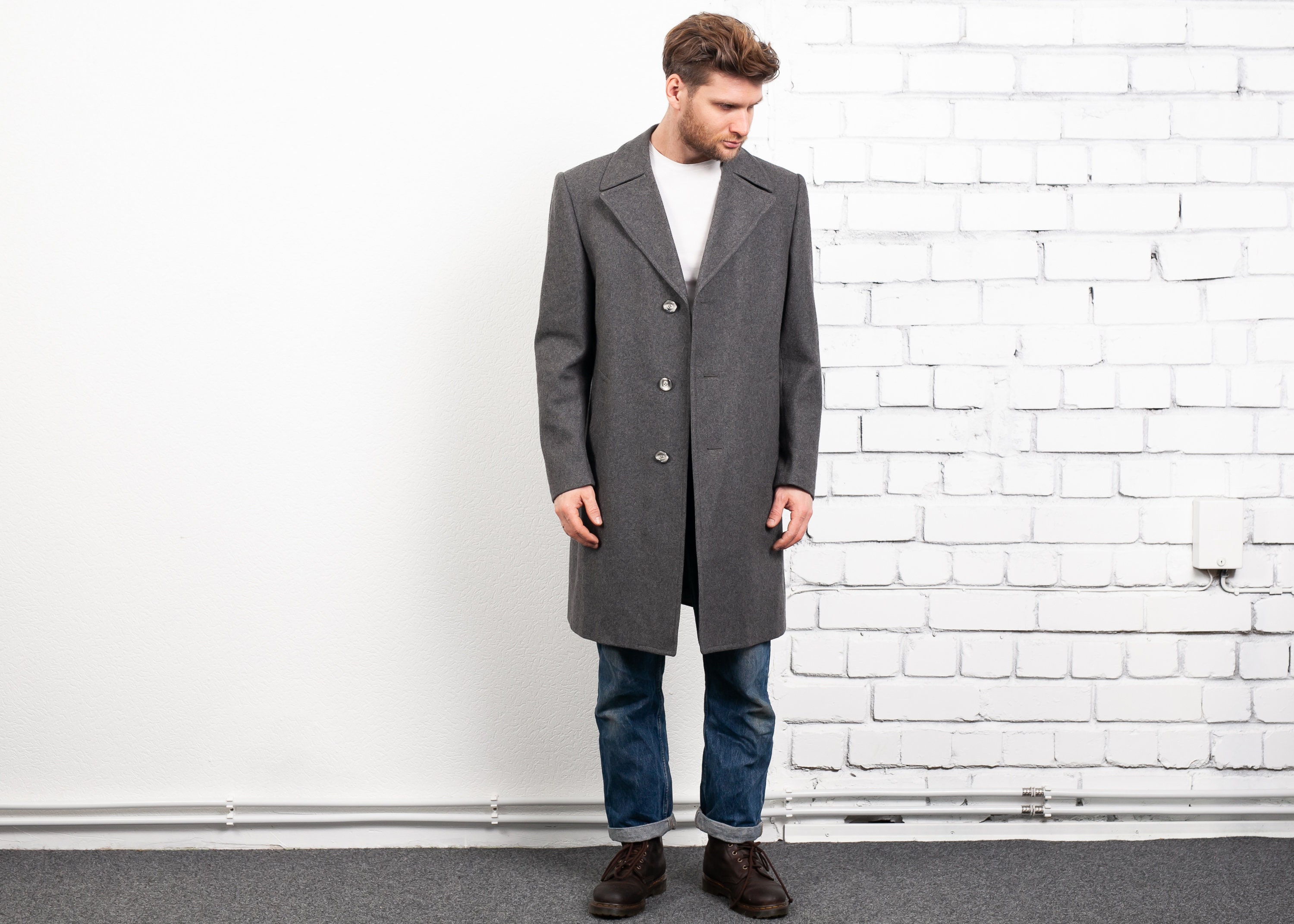 Wool Blend Coat . Vintage Grey Winter 1980S Topcoat Greatcoat Jacket Warm Men's Mac Size Medium M