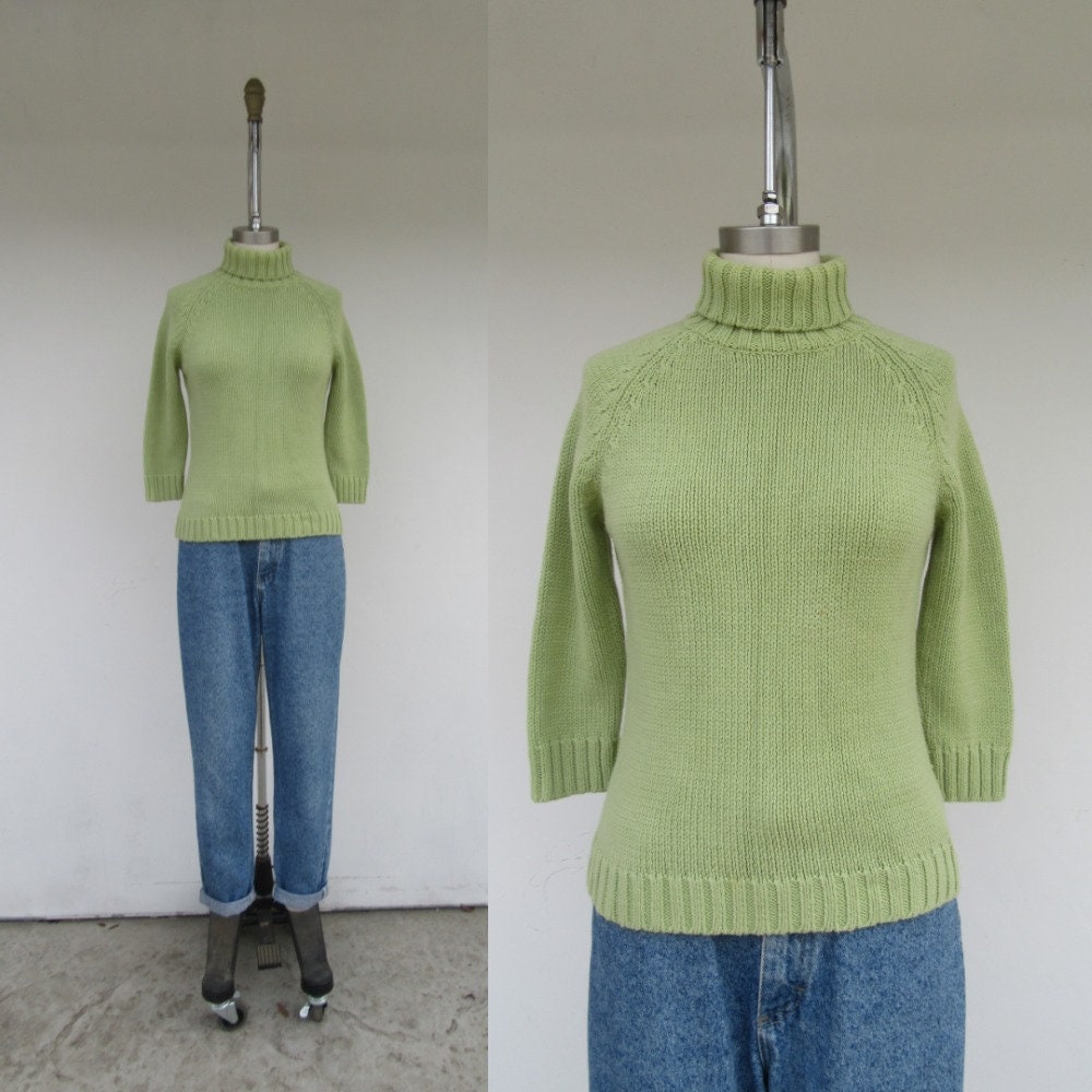 90S Cotton Blend Spring Green Mockneck Long Sleeve Cropped Sweater | Jumper Turtleneck Ribbed Roll Neck S