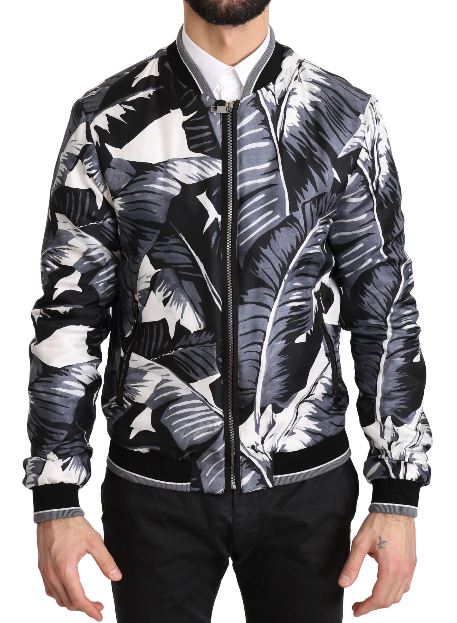 Dolce & Gabbana Men's Silk Banana Leaf Print Bomber Jacket Black JKT2356 - IT44 | XS