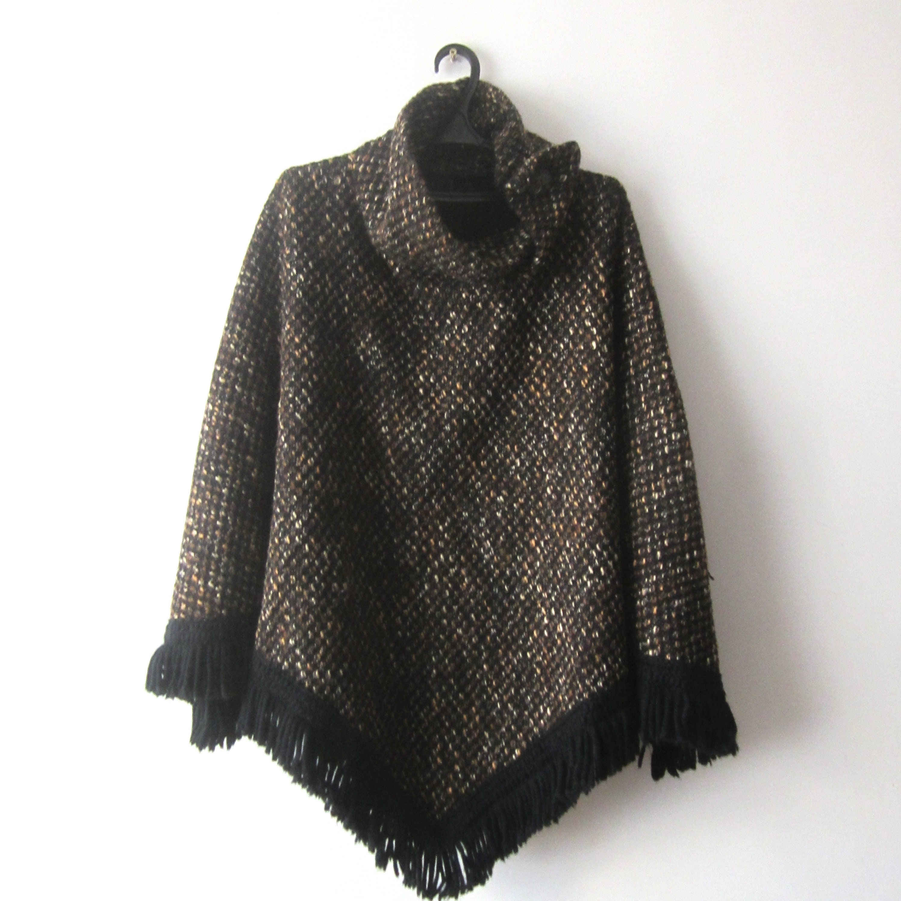 Vintage Brown Patterned Wool Blend Cape Poncho Fringe Wrap Shawl Grandma Autumn Large Size Scarf