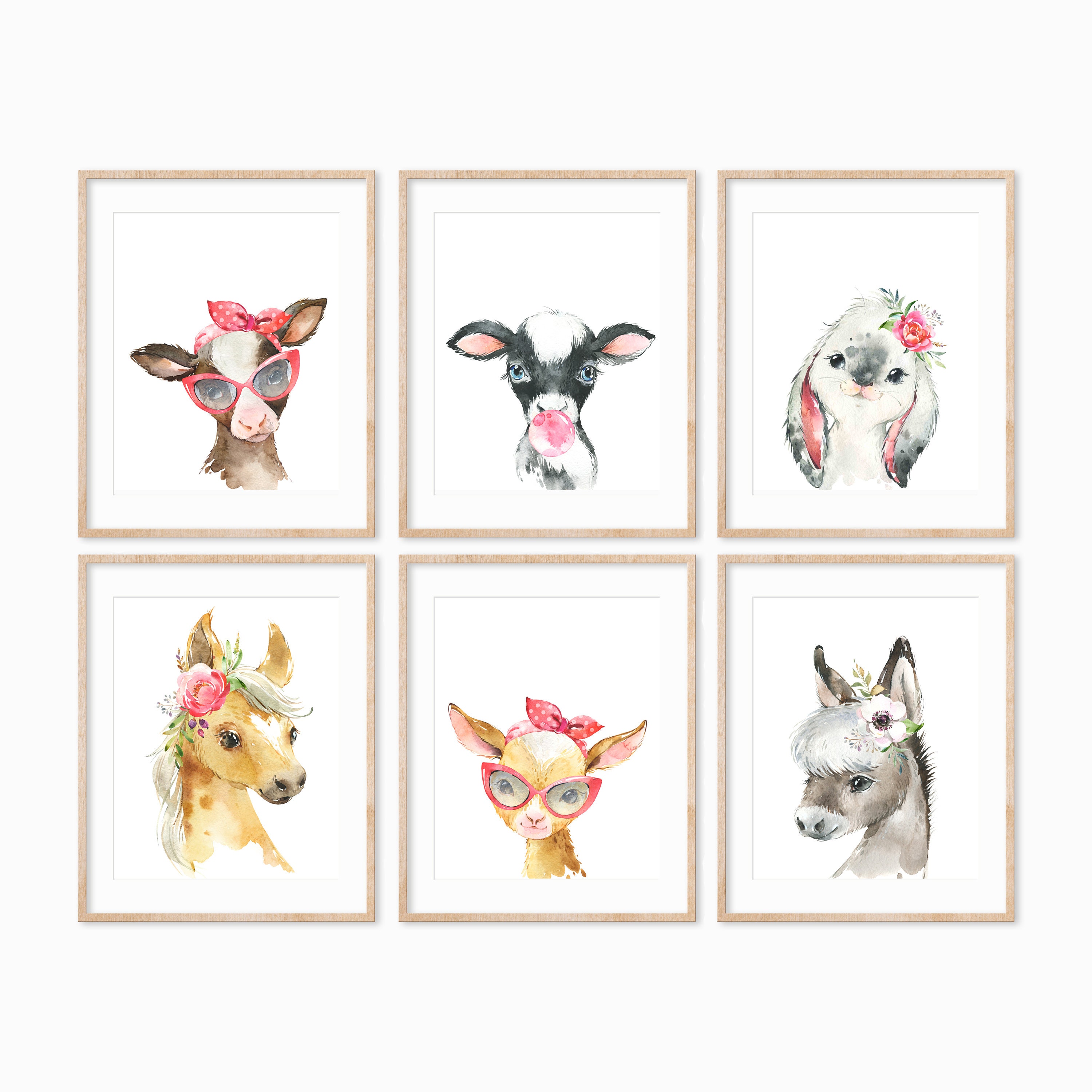 Farm Animal Nursery Prints, Animals Decor, Watercolor Room Baby Set Of 6 Prints