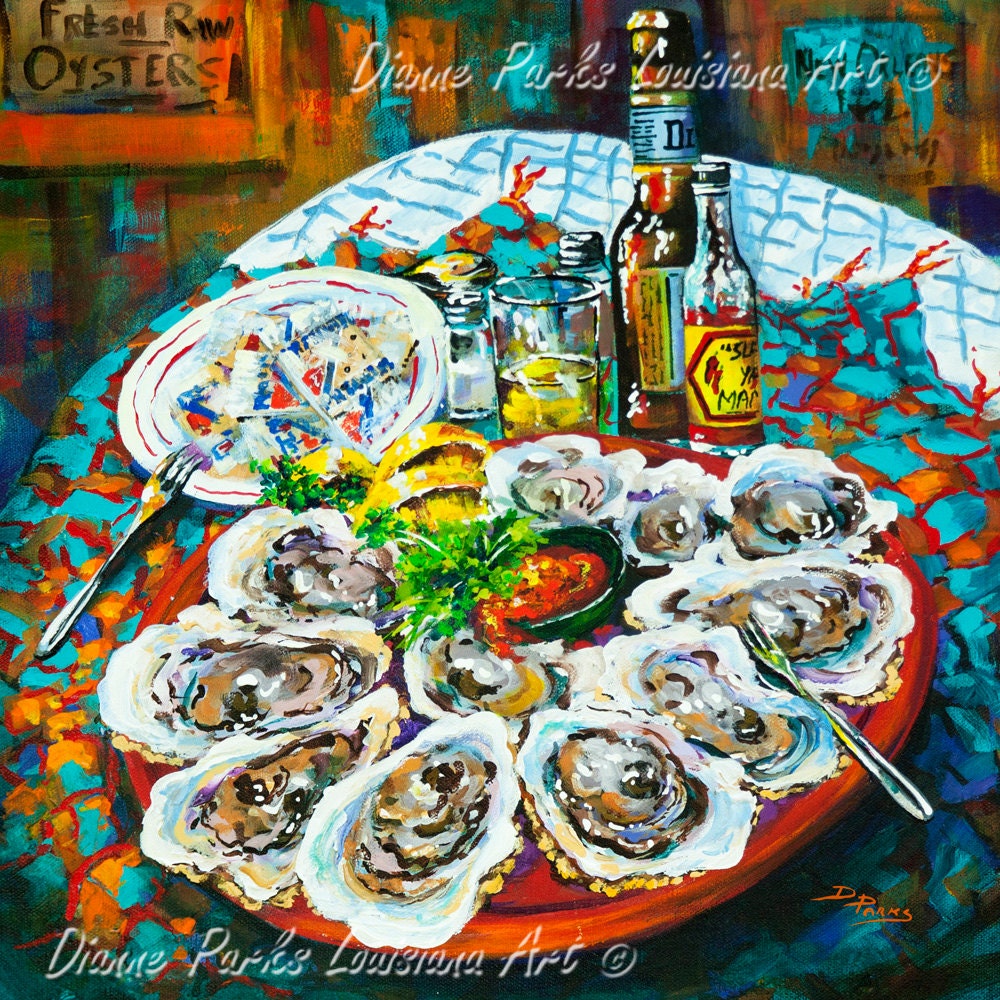Half Dozen Oysters, Louisiana Seafood, New Orleans Art, Raw Slap Ya Mama Hot Sauce, Gicle Canvas Or Print Free Shipping