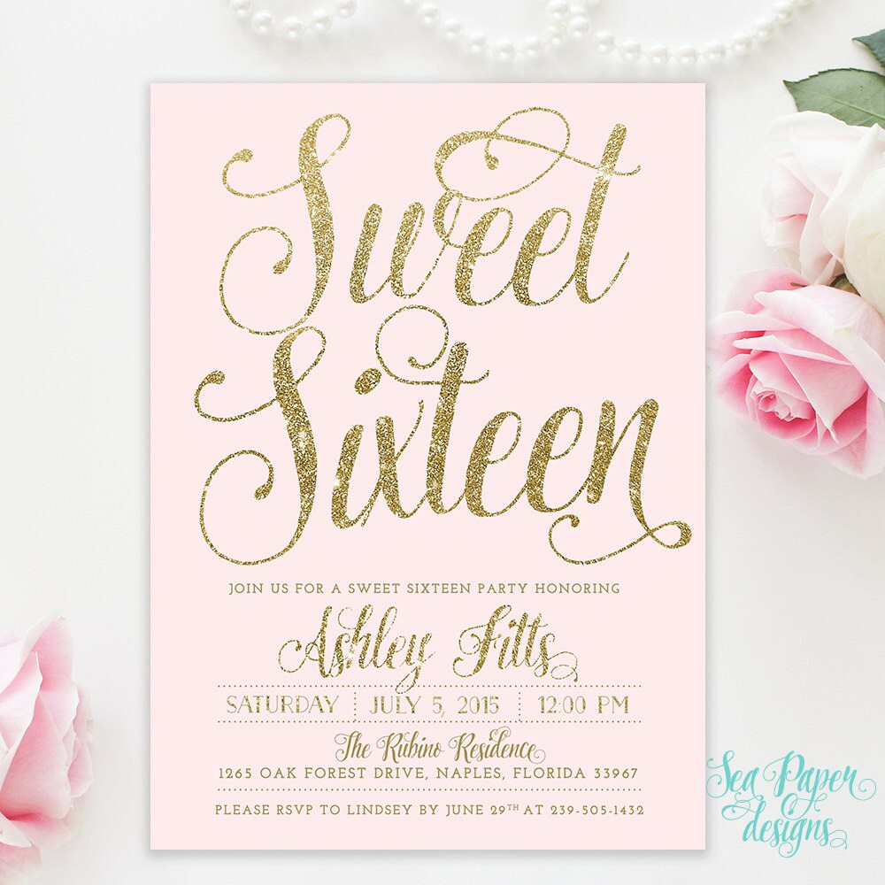 Sweet Sixteen 16Th Birthday Invitation - Blush Pink & Gold Glitter Girl Shabby Chic Light Pastel Party Invite Printed Digital Ava