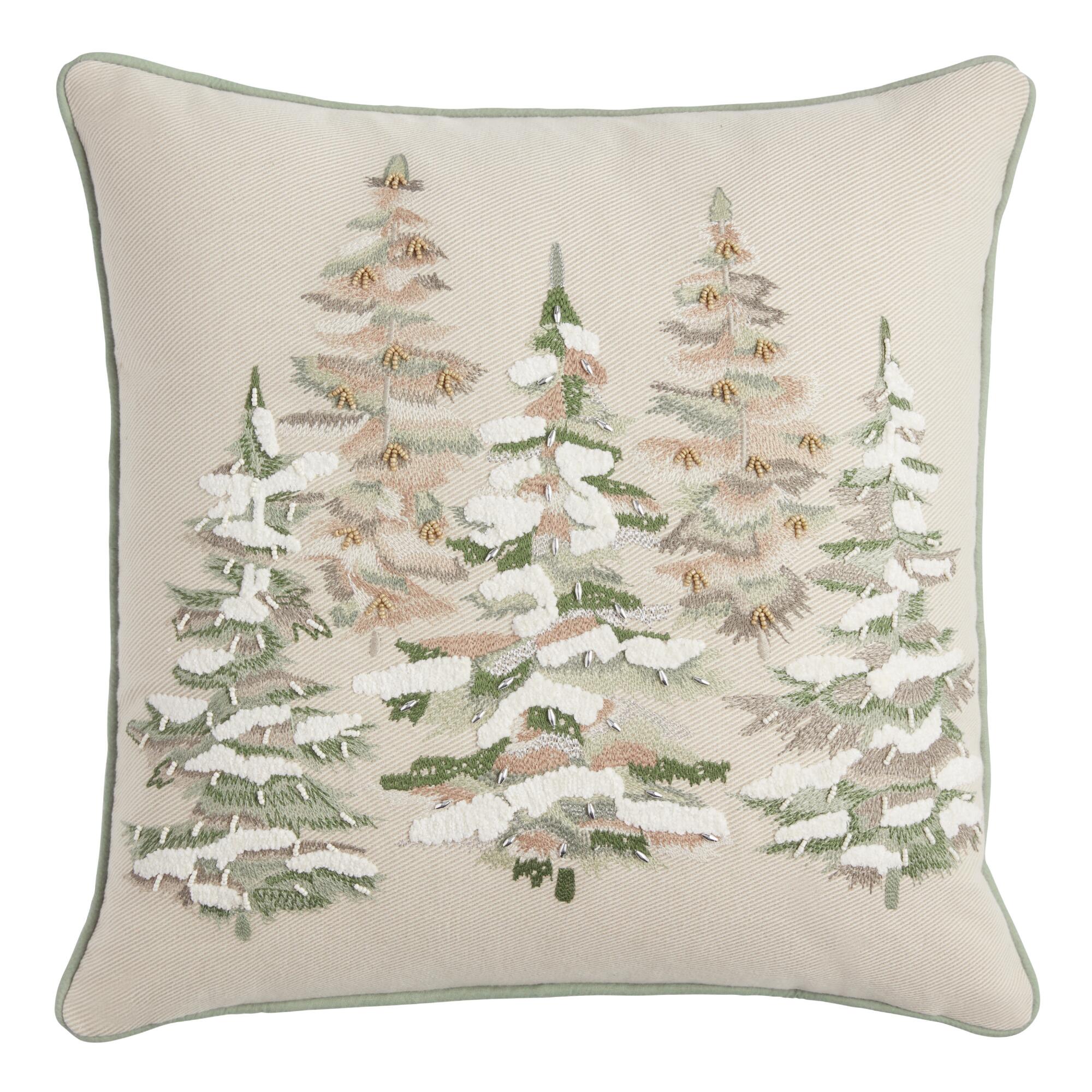 Pier Place Ivory and Green Woodland Trees Throw Pillow: Gray/White - Cotton - 18" Square by World Market
