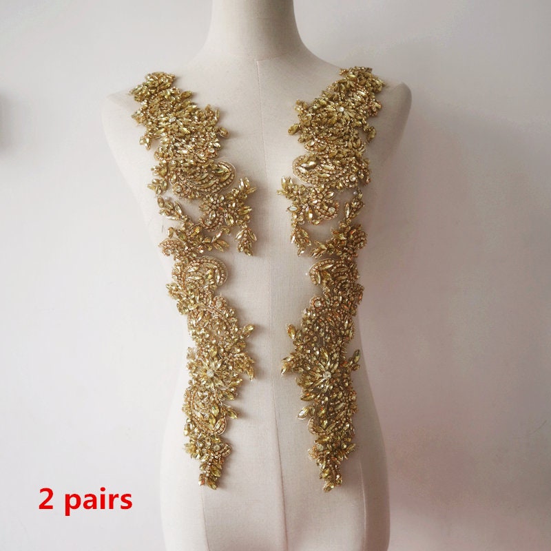 Deluxe Gold Rhinestone Appliques, Handmade Lace Pair Crystal Beaded Bodice Shoulders Sleeve, Bridal Headpieces Sash Accessories