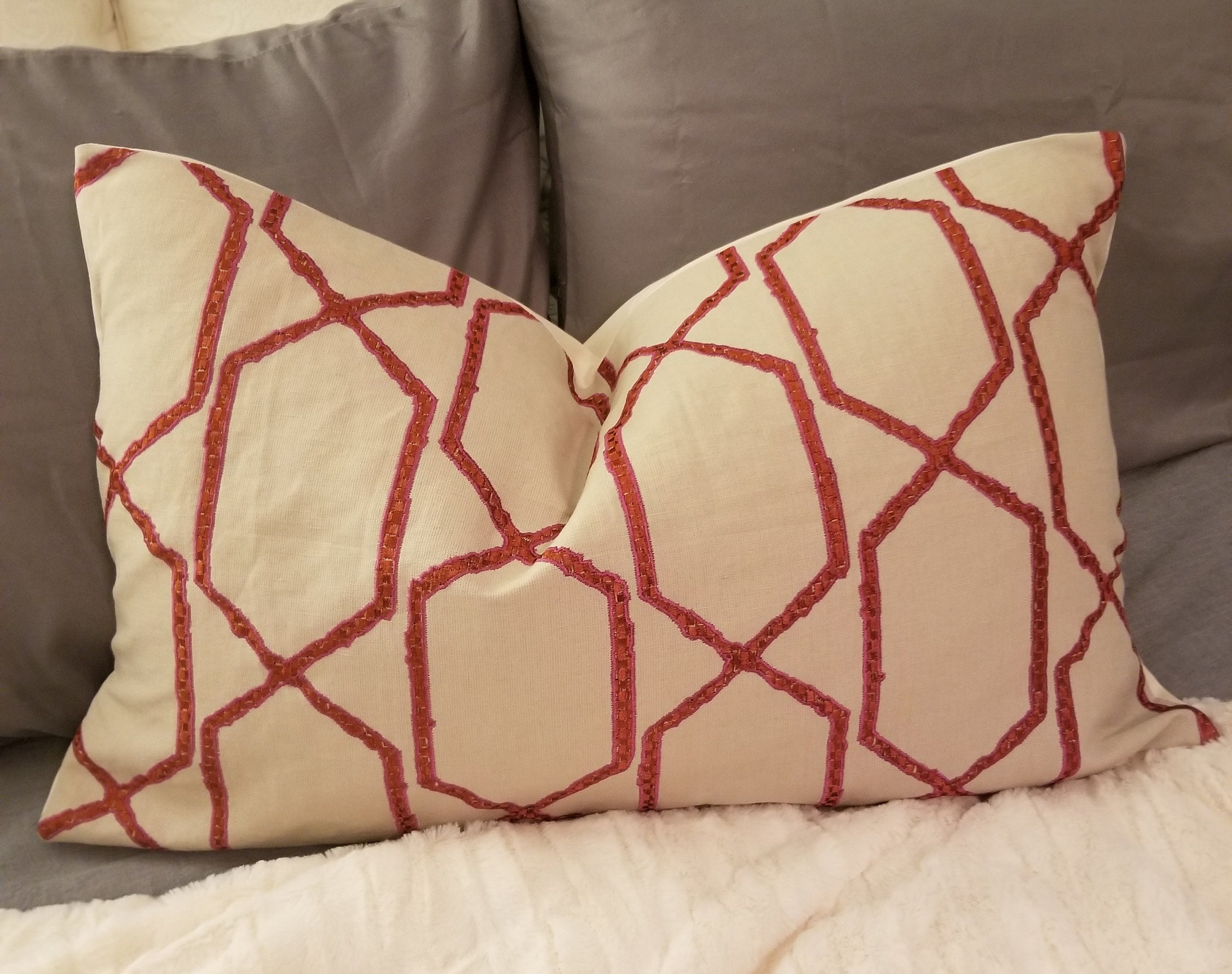 Geometric Embroidered Linen Blend in Mulberry.lumbar Pillows.slipcovers.pillowcovers.toss Pillows.throw Pillows.accent Pillows
