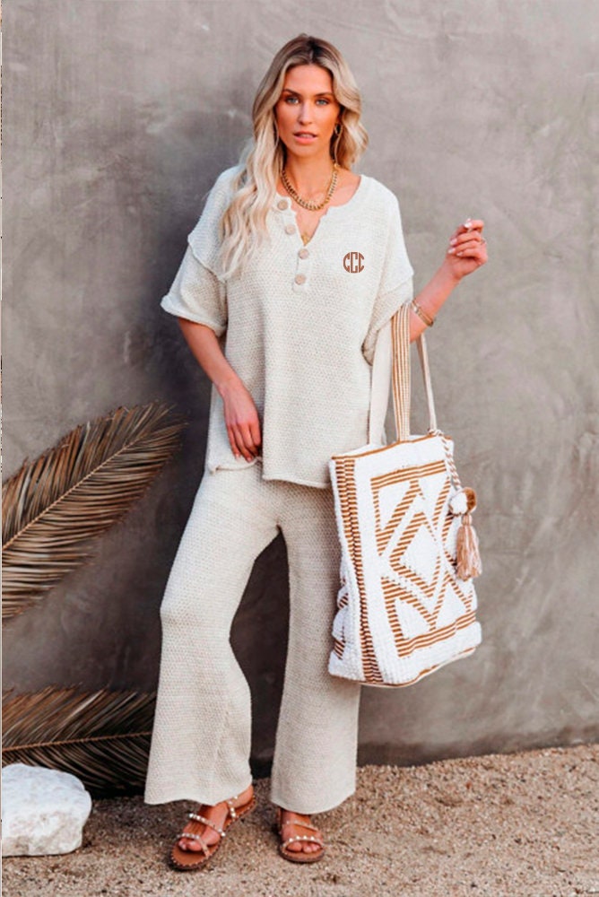 Beige Cotton Blend High Rise Relaxed Top & Pants Lounge Set