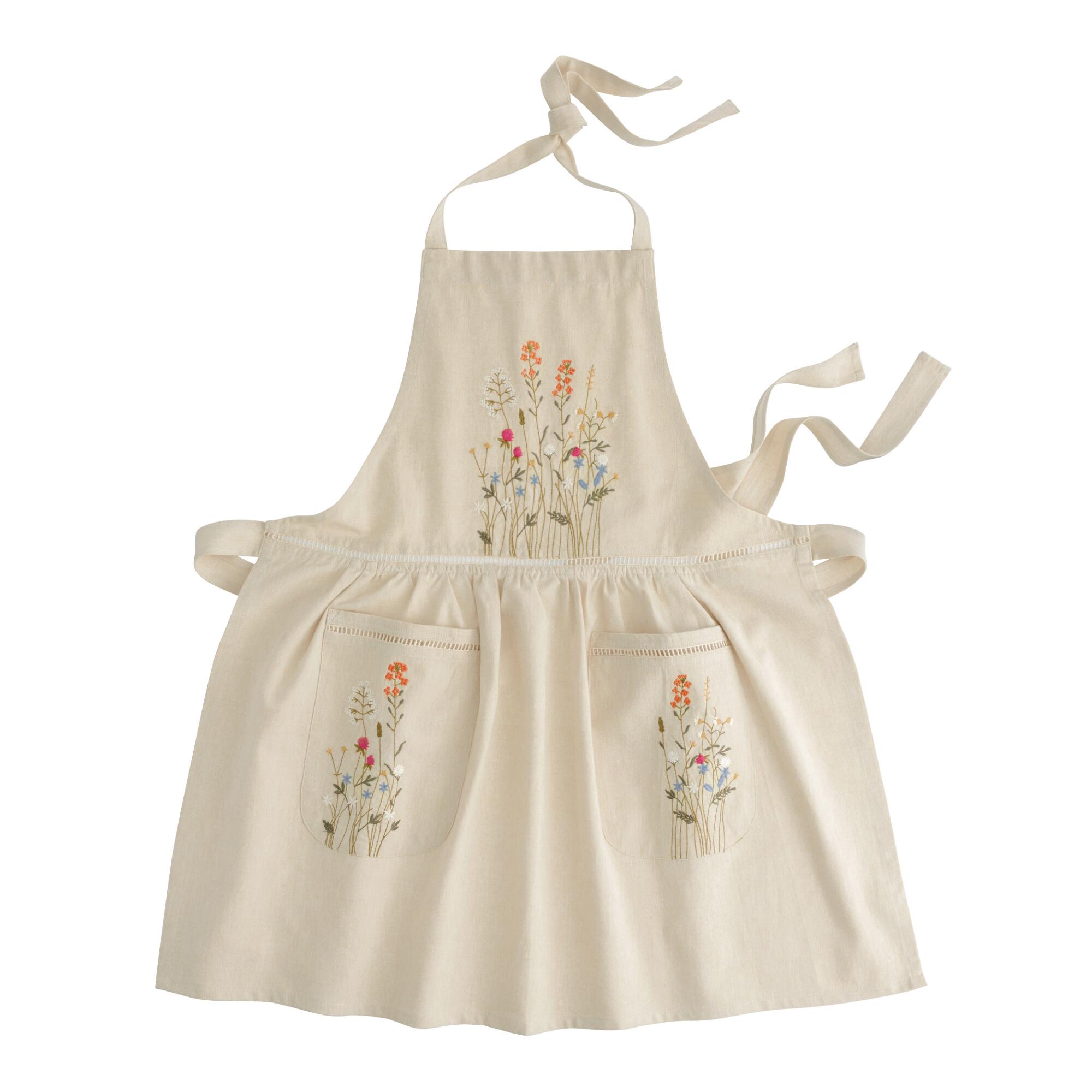Natural Embroidered Floral Apron with Lace Trim by World Market