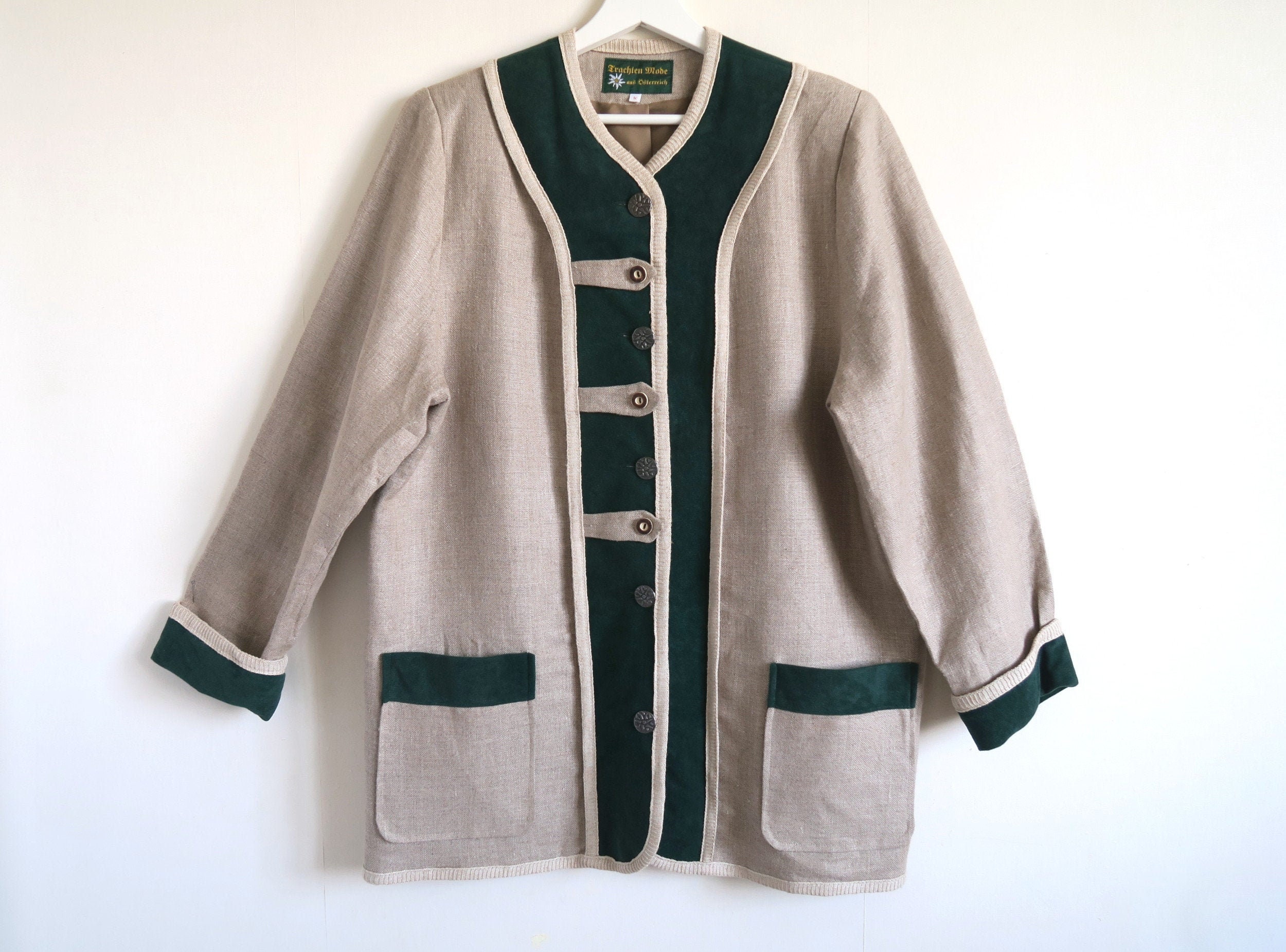 Linen Blend Trachten Jacket, Austrian Dirndl Coat, Dark Green Velvet Trim, Tyrolean Folklore Overcoat, Long Sleeve Buttoned Overtop Large L