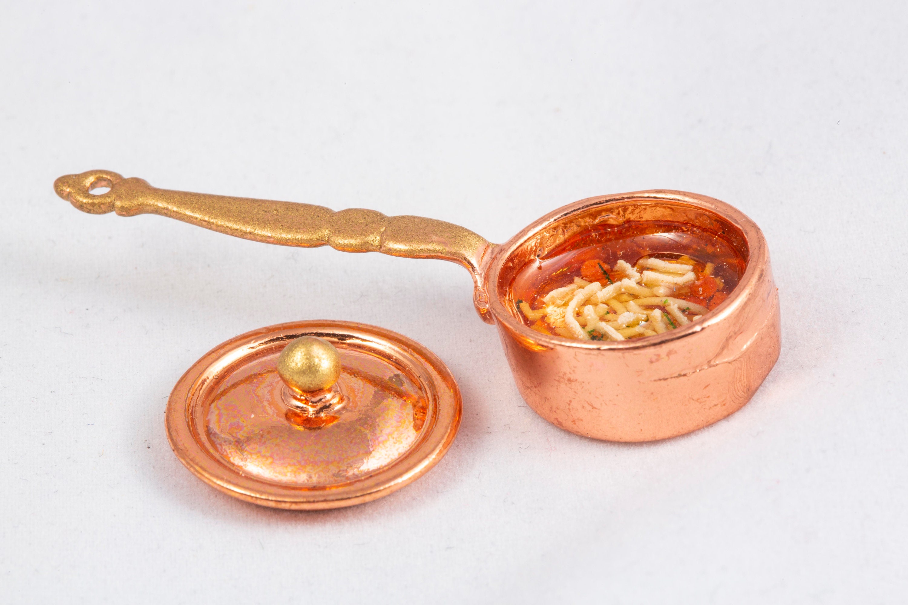 Dollhouse Miniatures - Chicken Noodle Soup in Copper Pot With Long Handle & Lid