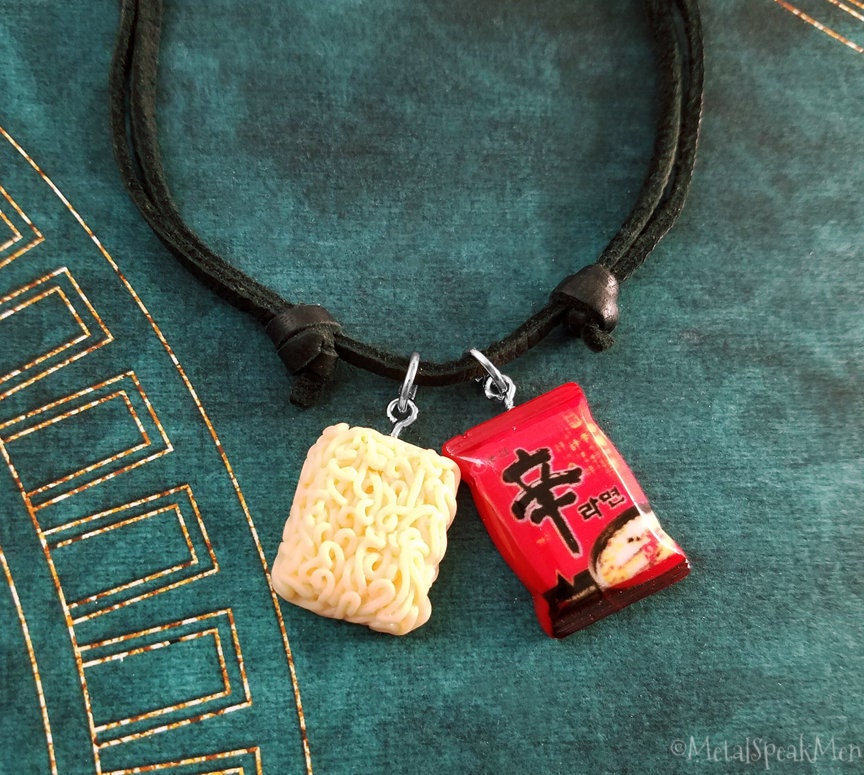 Ramen Necklace Noodles Jewelry Charm Pendant Black Leather Cord Mens Boyfriend Gift