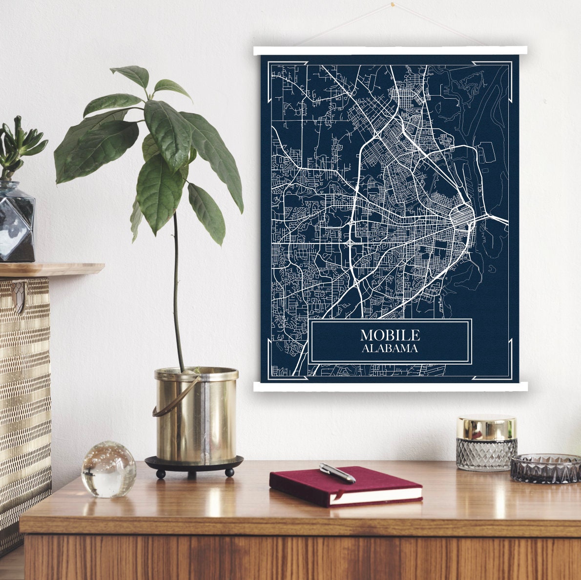 Mobile Alabama Blueprint Street Map | Hanging Canvas Of Printed Marketplace