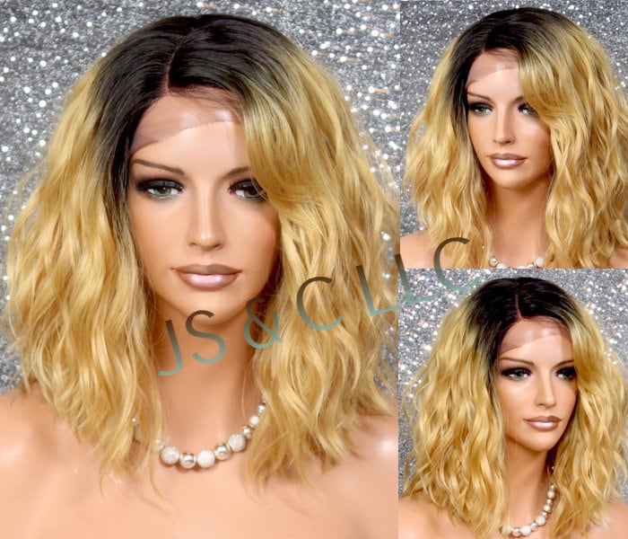 Natural Human Hair Blend Full Lace Front Wig With Side Lace Parting Beautiful Beachy Wavy Soft Texture Gold Blonde Dark Roots