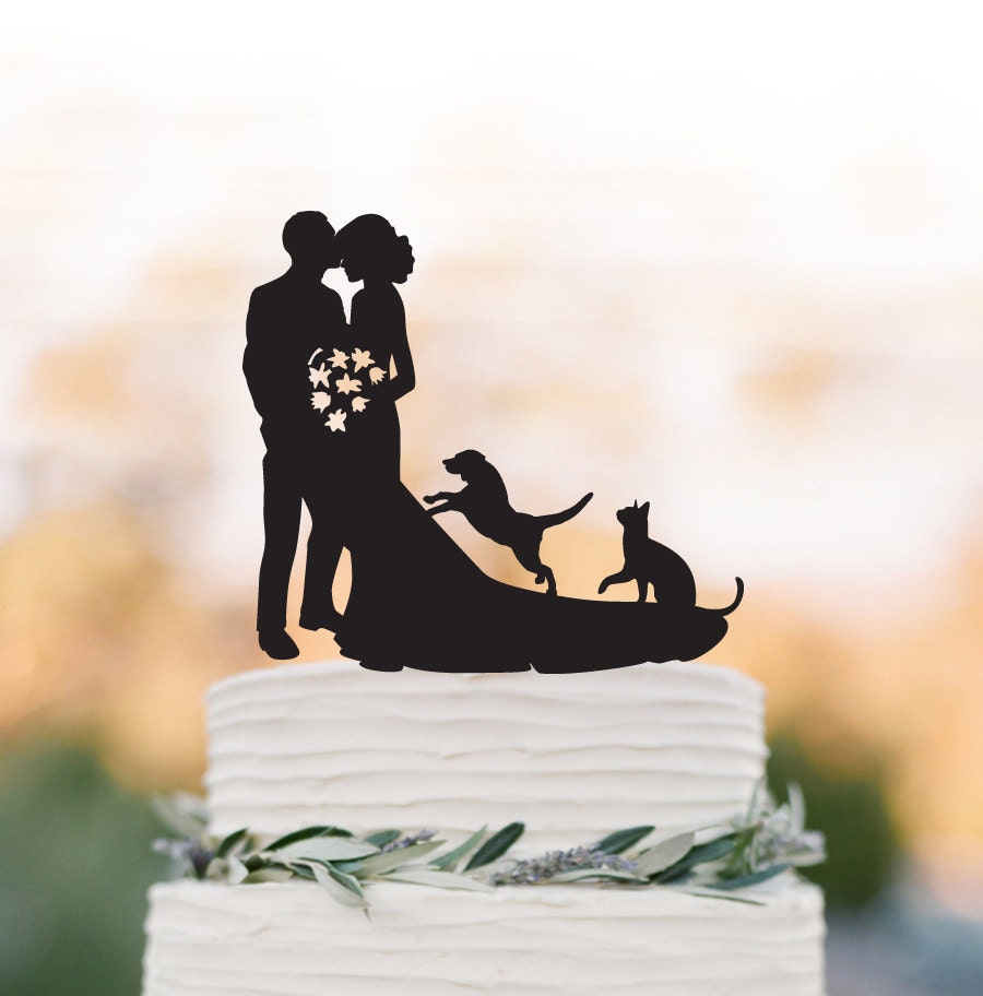 Wedding Cake Topper With Dog, Bride & Groom Silhouette Wedding Cake Cat, Funny Dog Cat