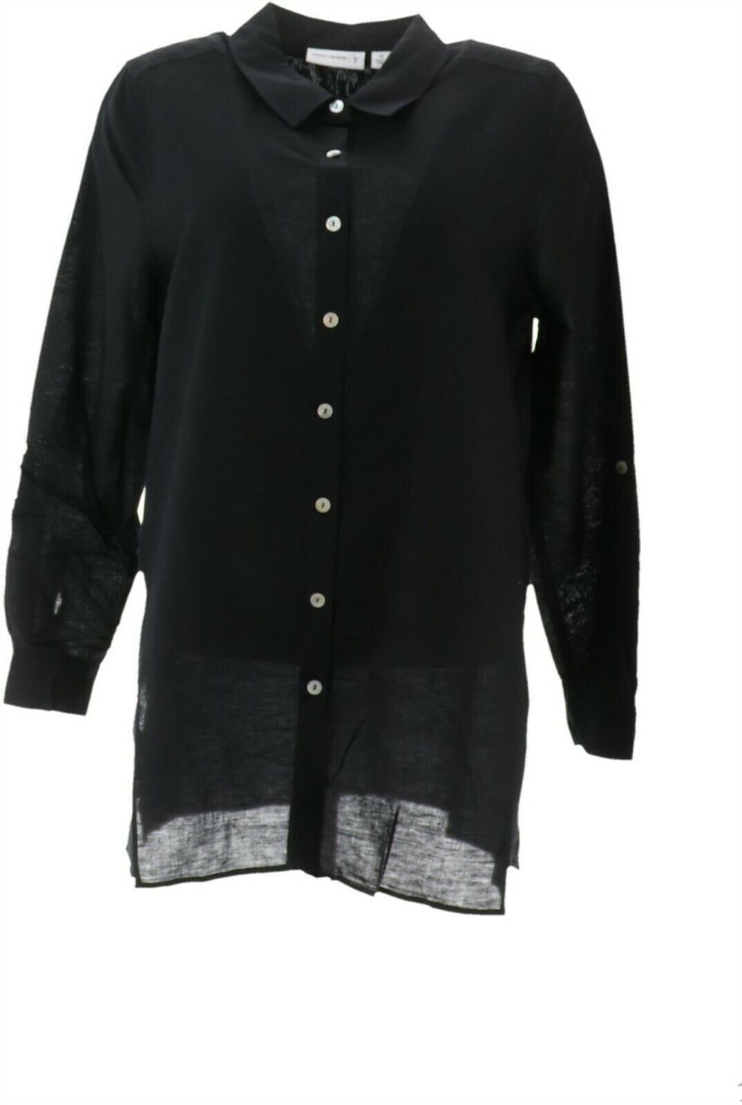 Susan Graver Linen Blend Button Long Slv Shirt Black 6 NEW A265003