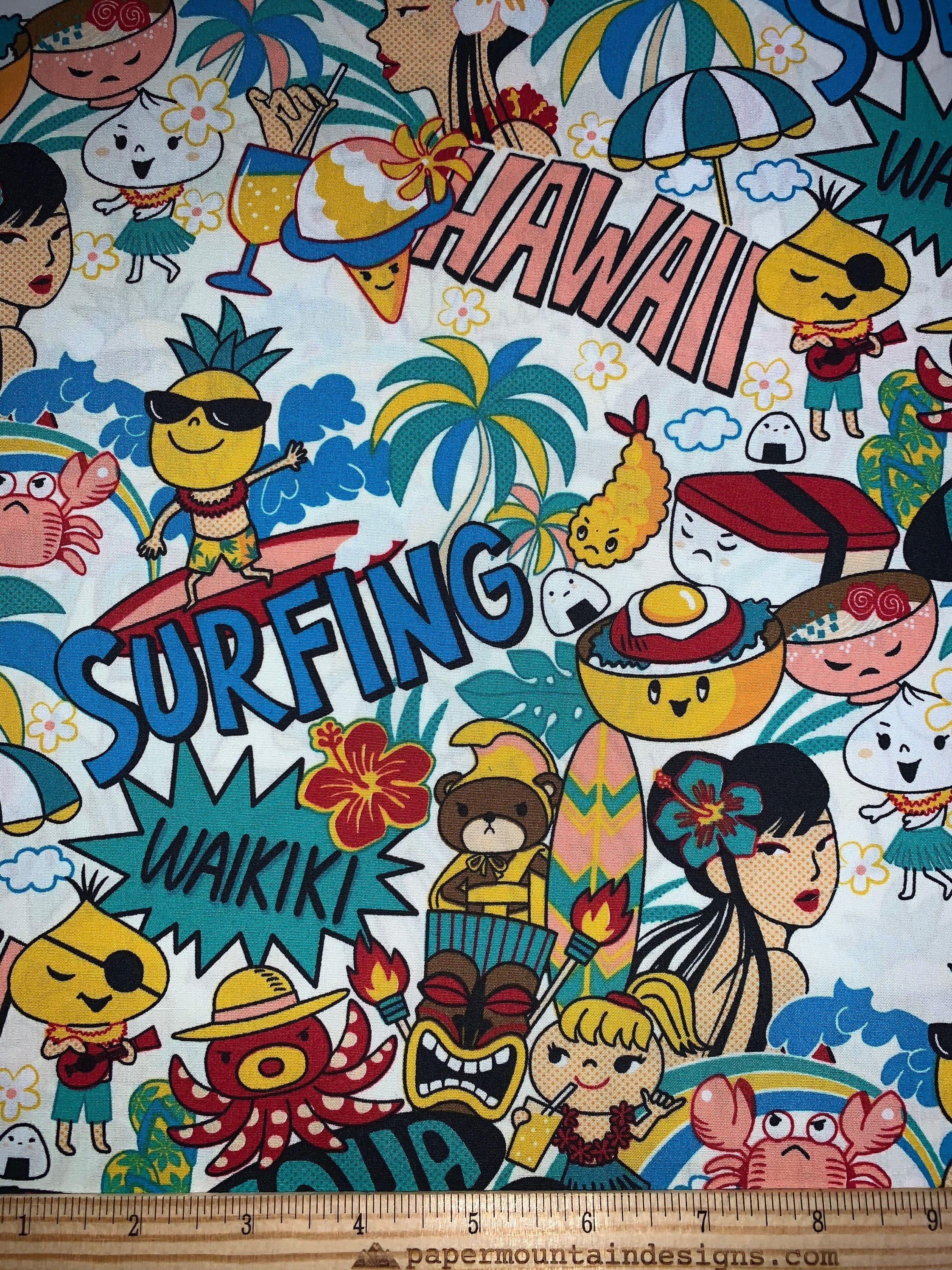 100% Cotton Cartoon Hawaii Fabric in Turquoise - Surfing, Ramen, Crab, Hula Girl, Tempura, Locomoco, Shave Ice | Fat Quarter Cut To Order