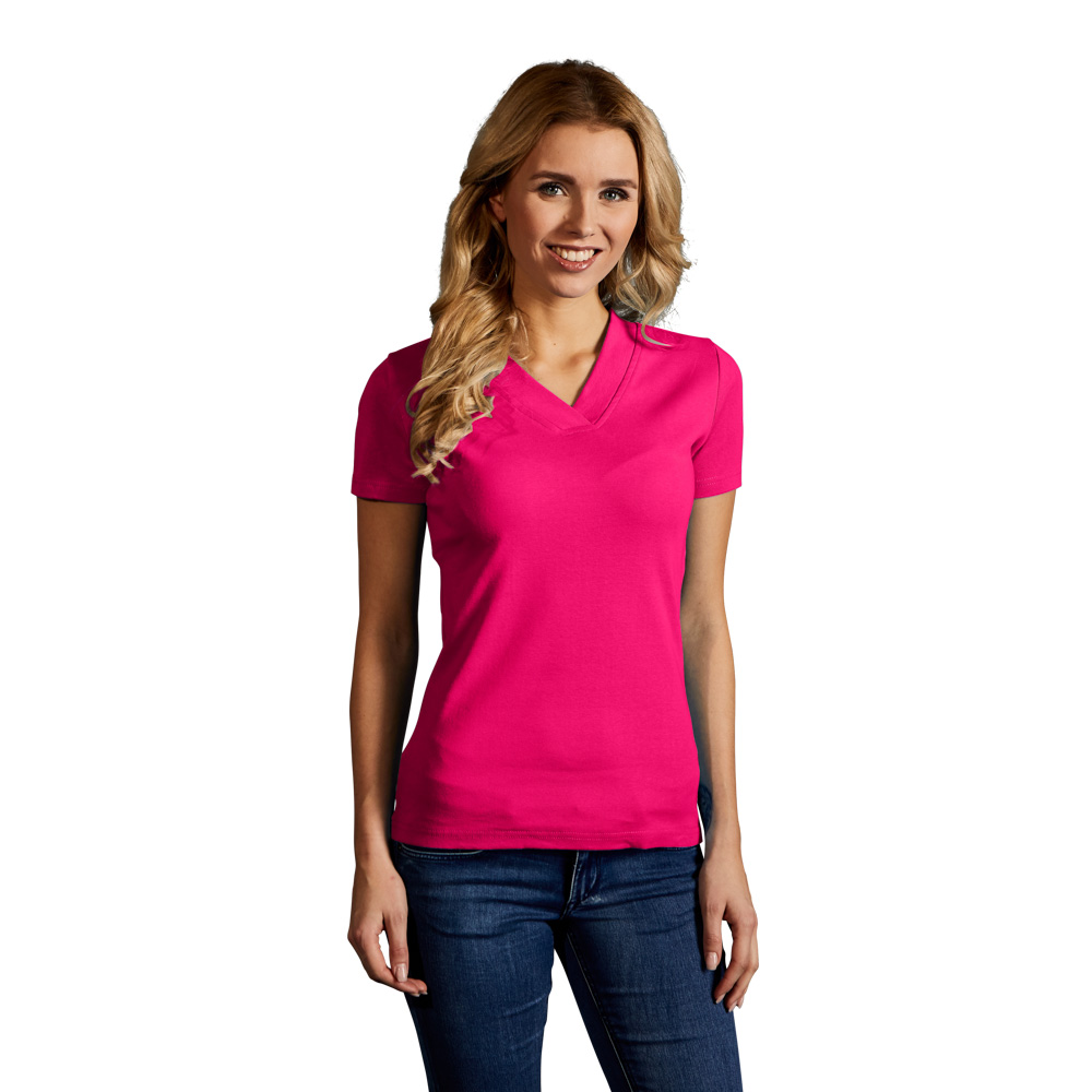 Ripp V-Ausschnitt T-Shirt Damen, Pink, L