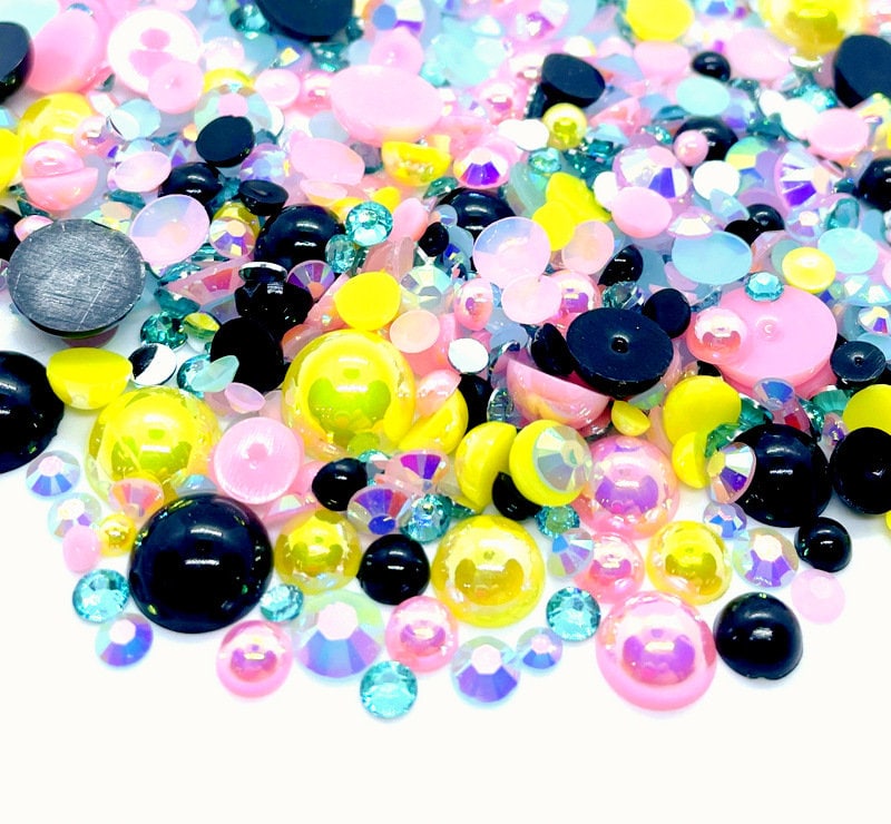 Pastel Licorice Blend Rhinestone Mix 2mm-10mm Flatback Jelly Resin | Faux Pearls Sizes, Pink Black Yellow