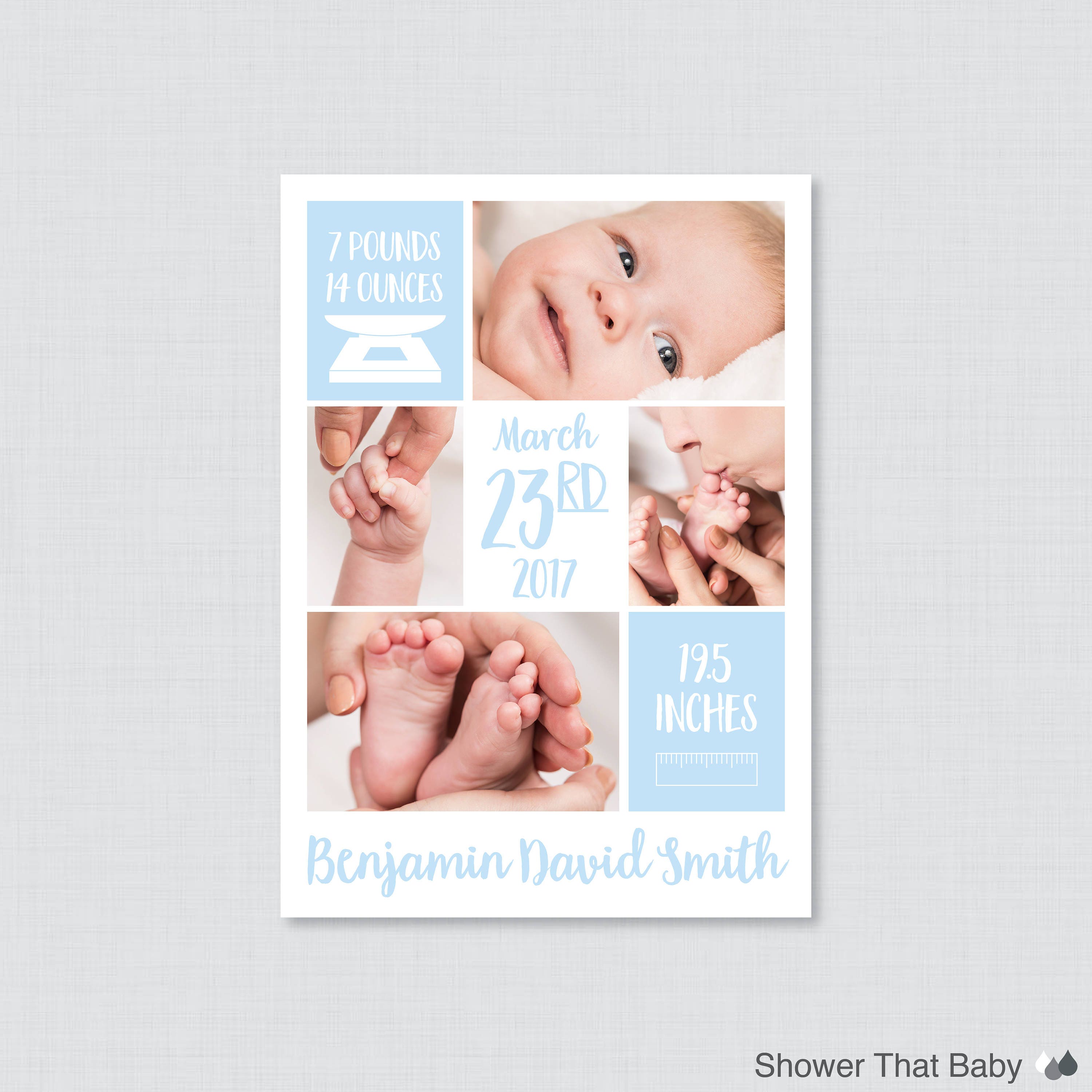 Printable Or Printed Blue Photo Birth Announcement Cards - Collage Announcements, Baby Boy Ba11