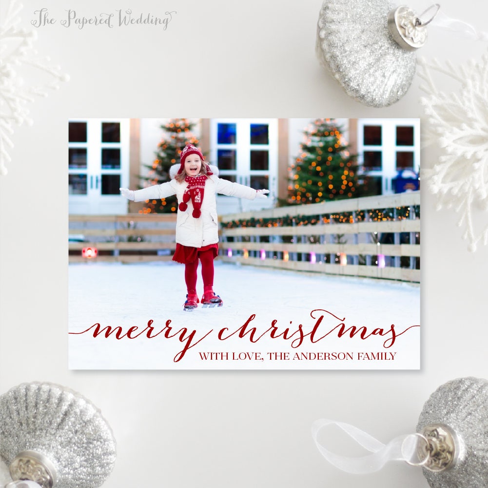 Printable Or Printed Photo Christmas Cards - Red Merry Holiday Simple Horizontal 004 P1