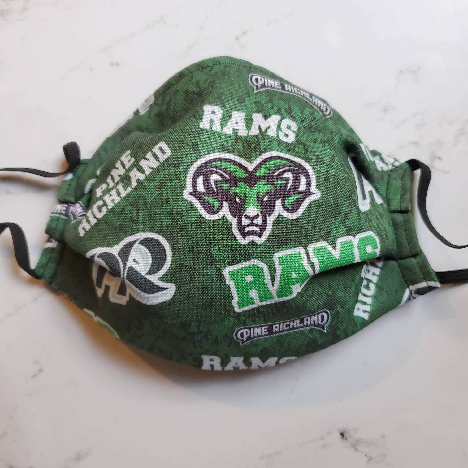 Pine Richland Rams Green Logo Print Face Mask - Surgical Style With Nose Wire Awesome Mask Pr Adjustable Elastic Straps
