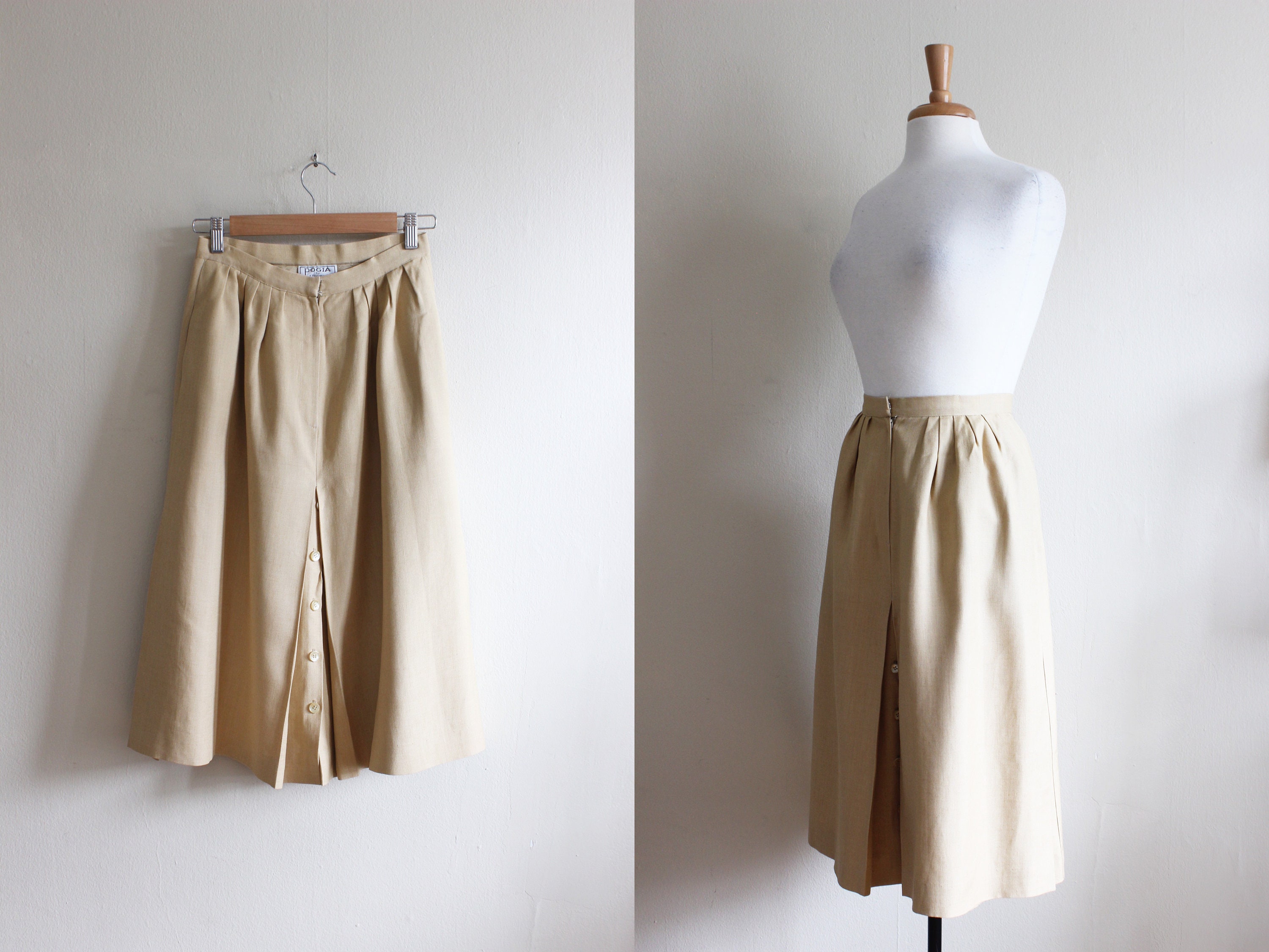 Vintage 1970S Butterscotch Linen Blend Midi Skirt
