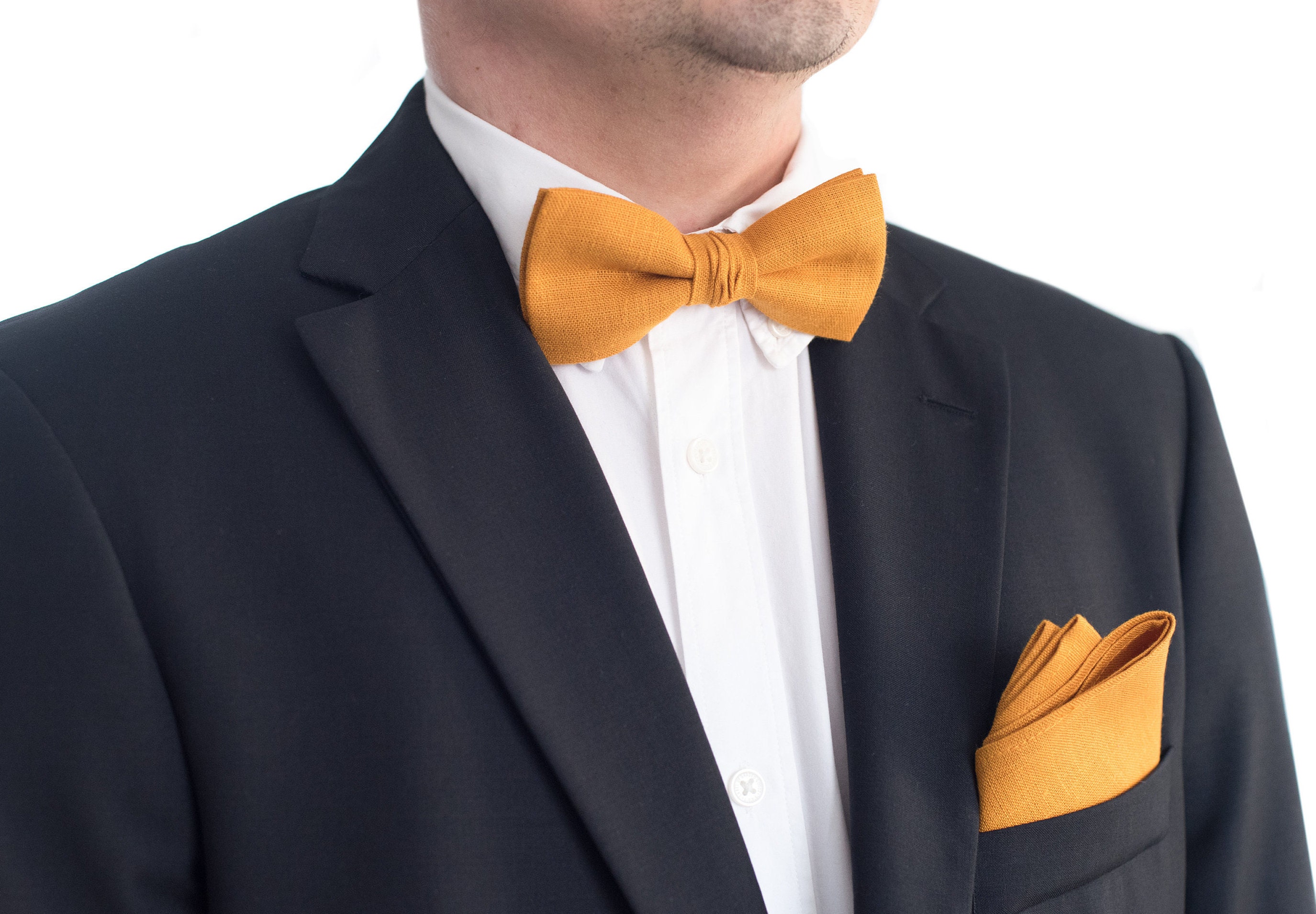 Gold Bow Tie & Pocket Square Mustard Personalized Gift
