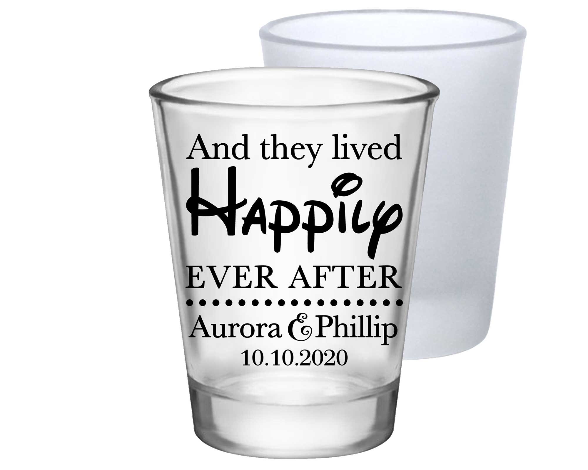 Clear Or Frosted Wedding Shot Glasses Gifts For Guests Fairytale Favors Personalized They Lived Happily Ever After 1A
