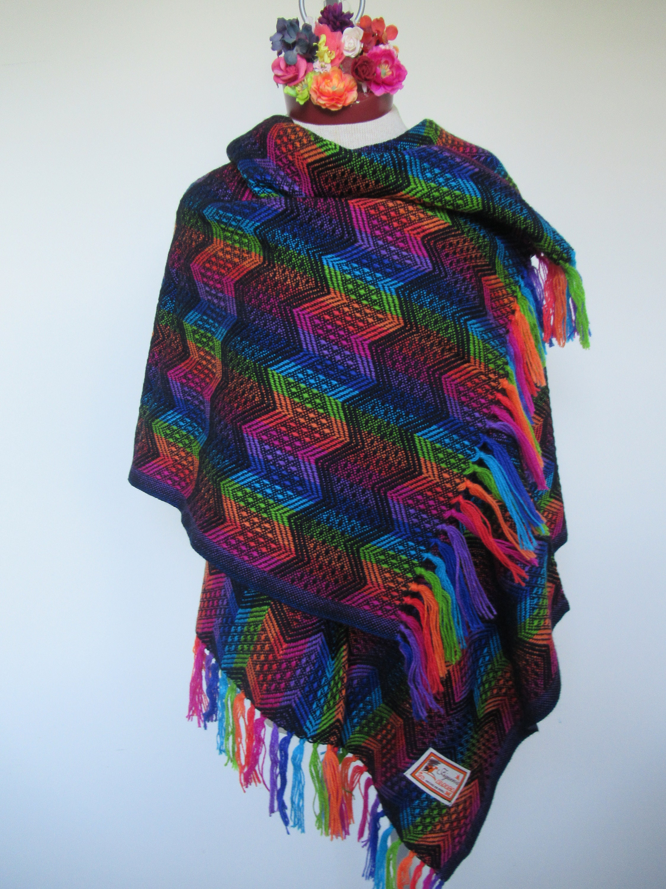 Peruvian Alpaca Blend Shawl For Women/ Blend With Geometric Design/ Turquoise Wool Wrap