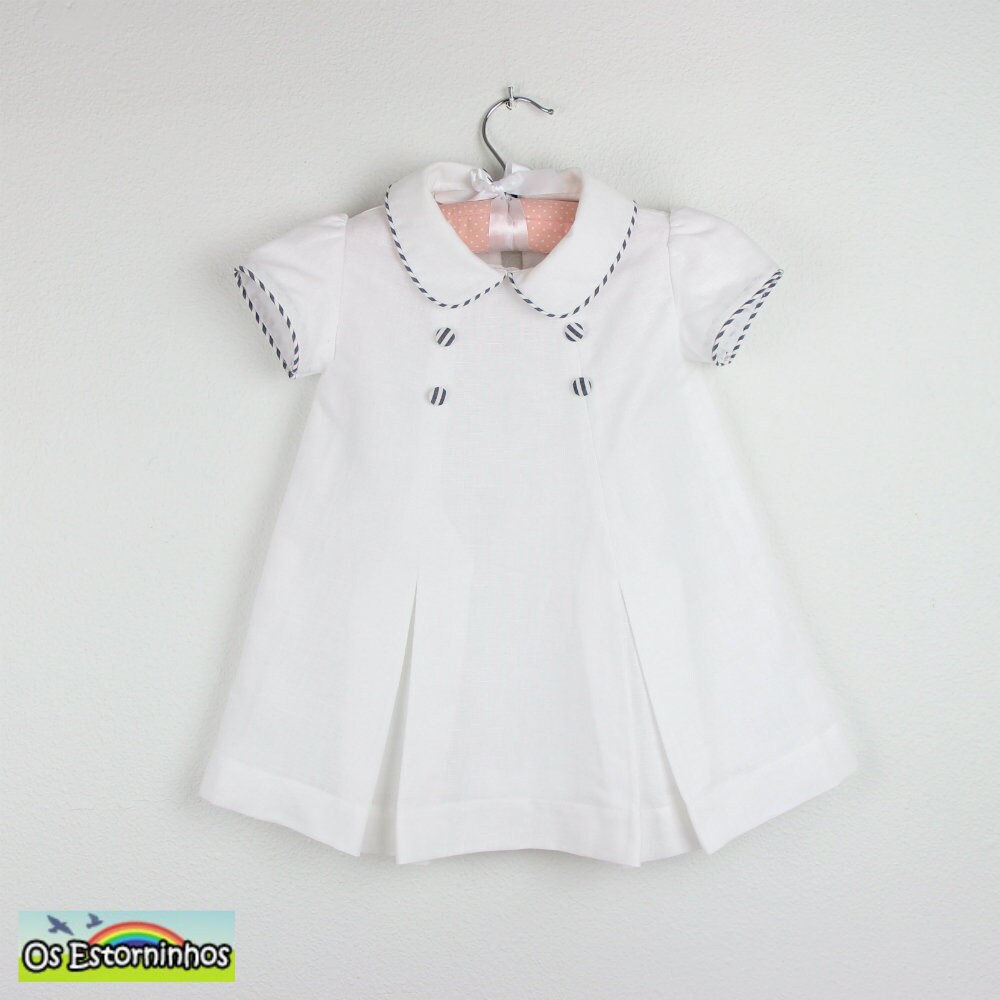Short Sleeve White Linen Blend Dress - Trimmed On A Striped Fabric Various Color Available