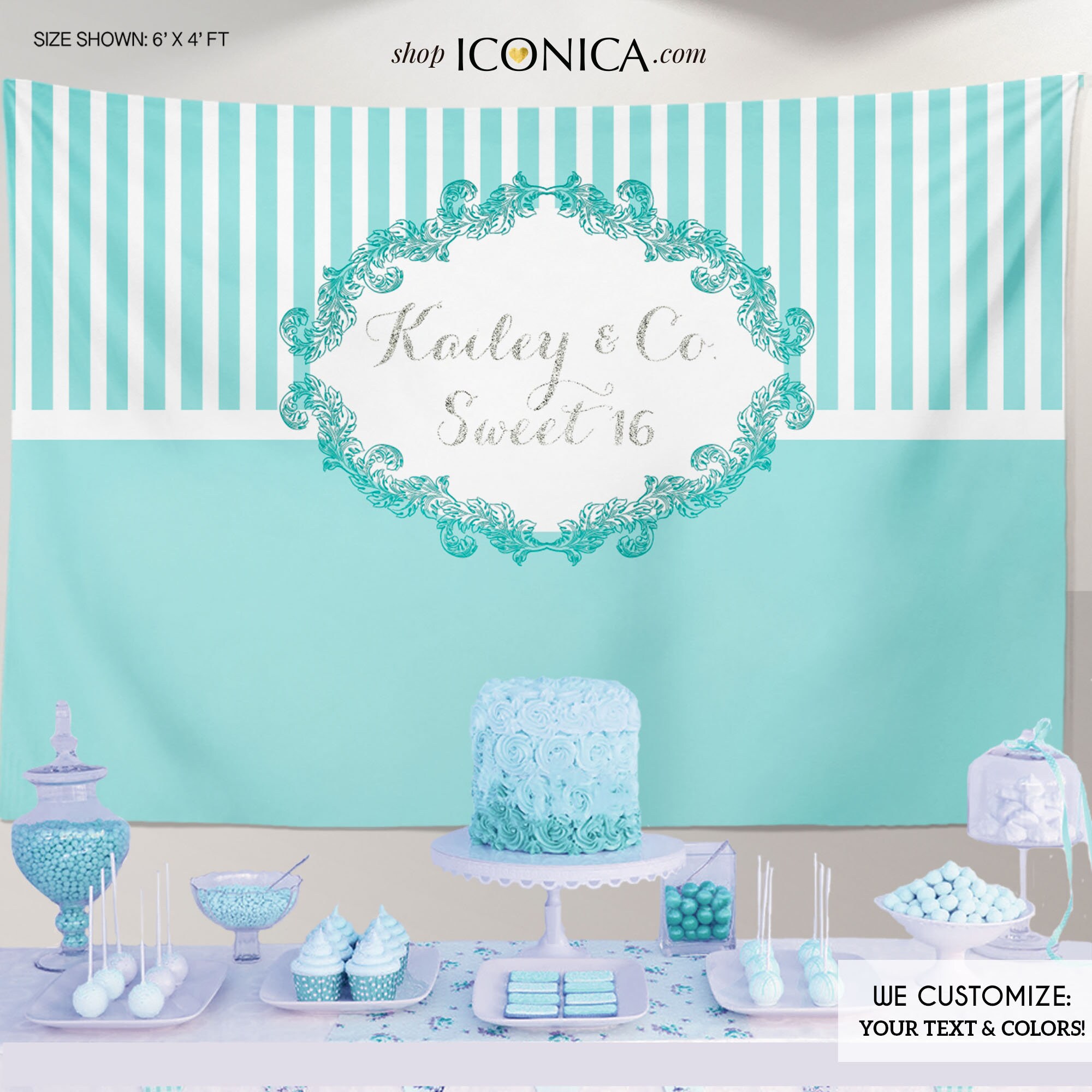 Aqua & Teal Party Backdrop, Elegant Banner, Silver Glittter, Sweet Sixteen Any Event, Color, Printed Or Printable File