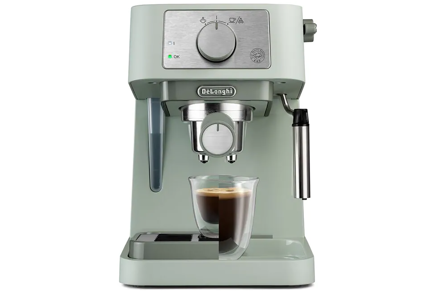 light green espresso machine with a glass of espresso coffee under the spout
