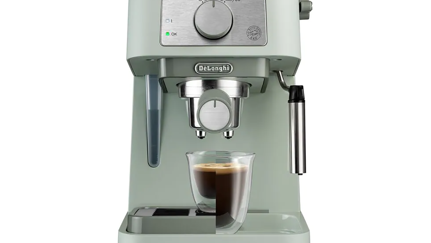 light green espresso machine with a glass of espresso coffee under the spout