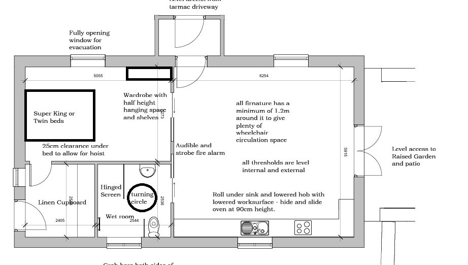 

                                        A plan showing the floor layout of the haybarn which is labelled with accessible features