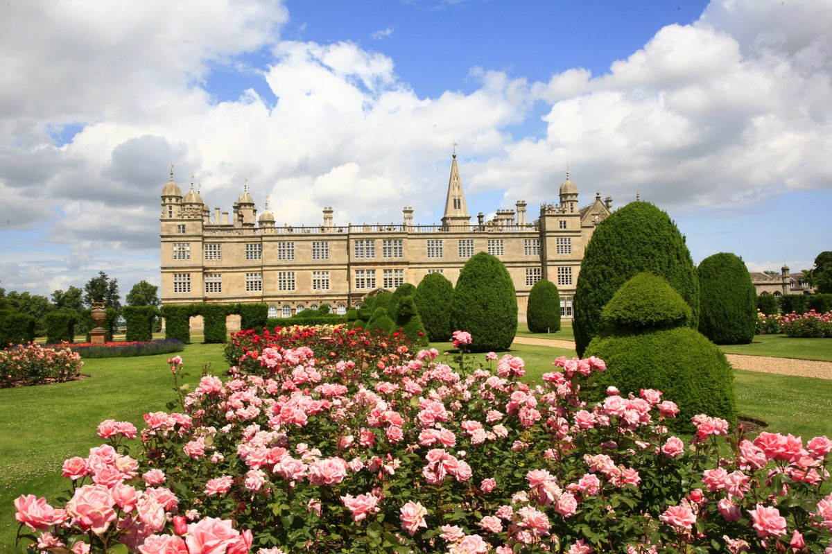 Pink roses in foreground. behind it the frontage of a stone built elizabethan stately home with mullioned windows.