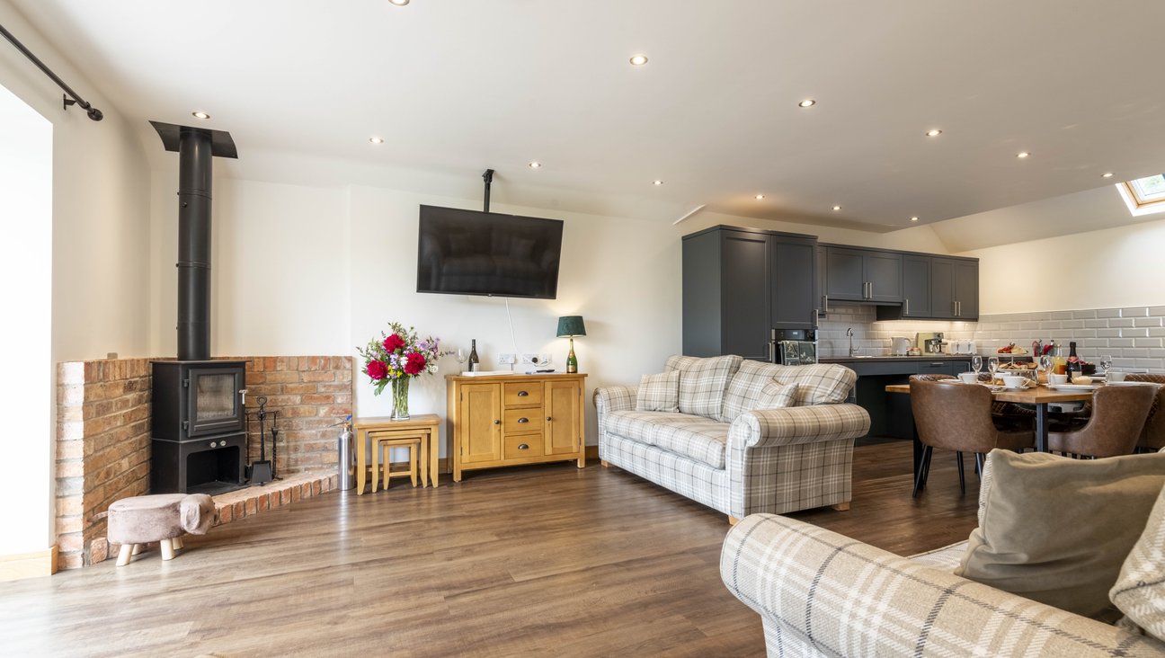 

                                        View of living area with woodburing stove on left, large TV in centre over an oak console holding a champagne bottle lamp with a green velvet shade and a squishy neutral shade tweed sofa on the right.