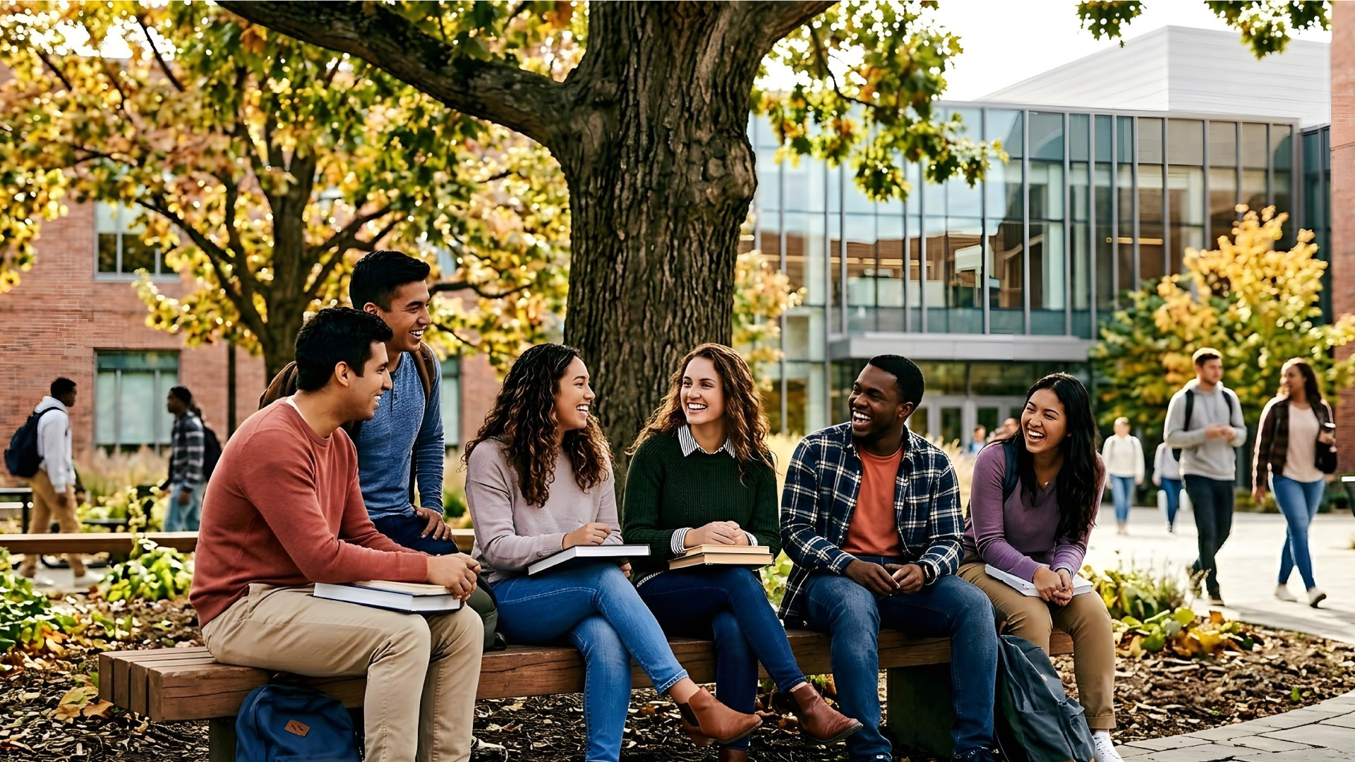 A diverse group of six smiling college students sits on a wooden bench outdoors under a large, leafy tree with autumn foliage. They are holding books and backpacks while engaged in a lively conversation. In the background, a modern glass campus building is visible with other students walking by.