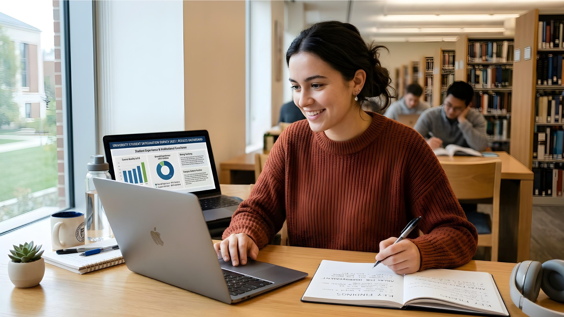 A smiling female student in a rust-colored sweater sits at a desk in a bright university library, using a laptop and taking notes in a journal. On a second monitor behind her laptop, a