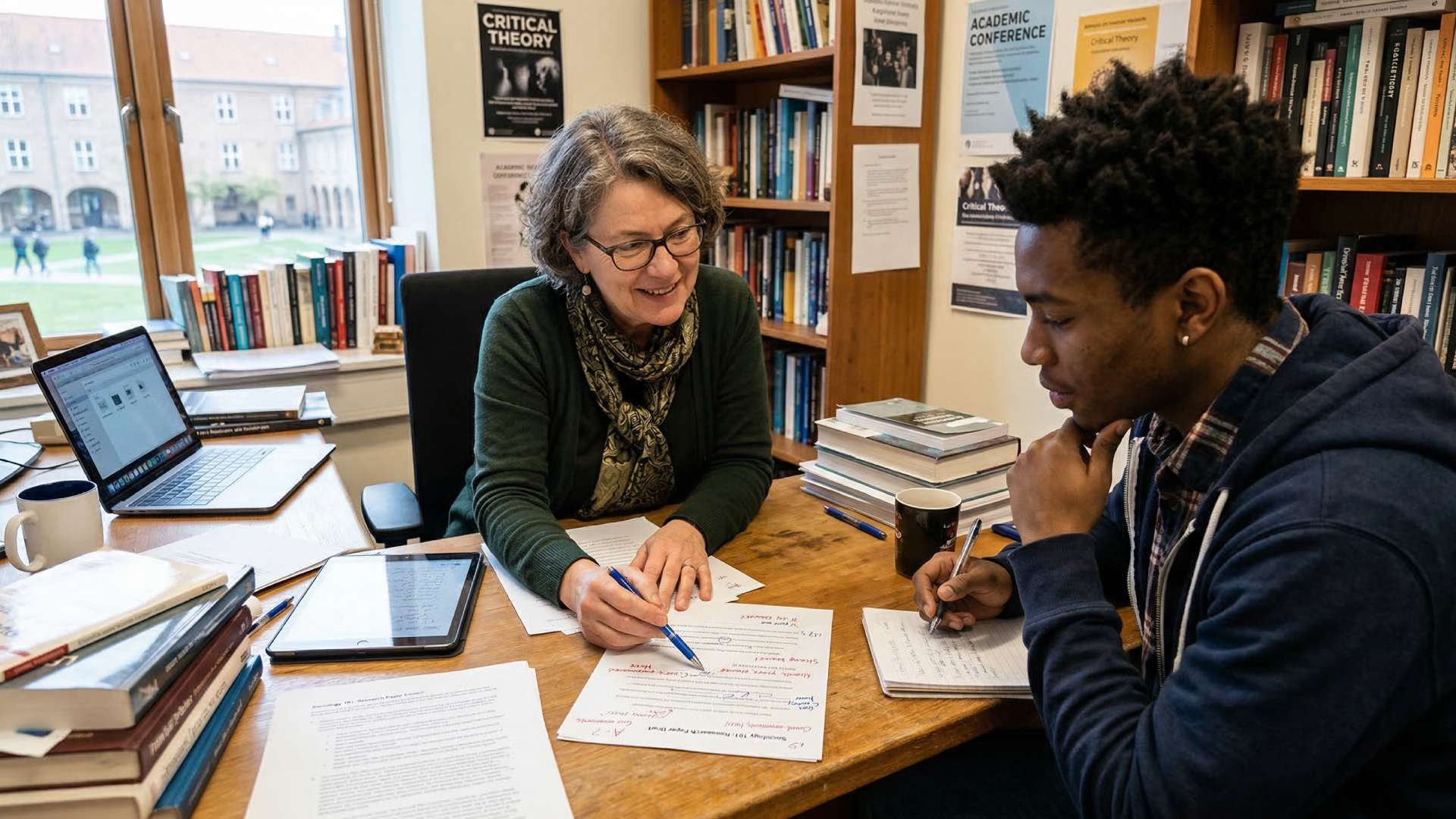 A female professor in a library setting reviews a research paper with a male student, pointing at notes and providing academic guidance.