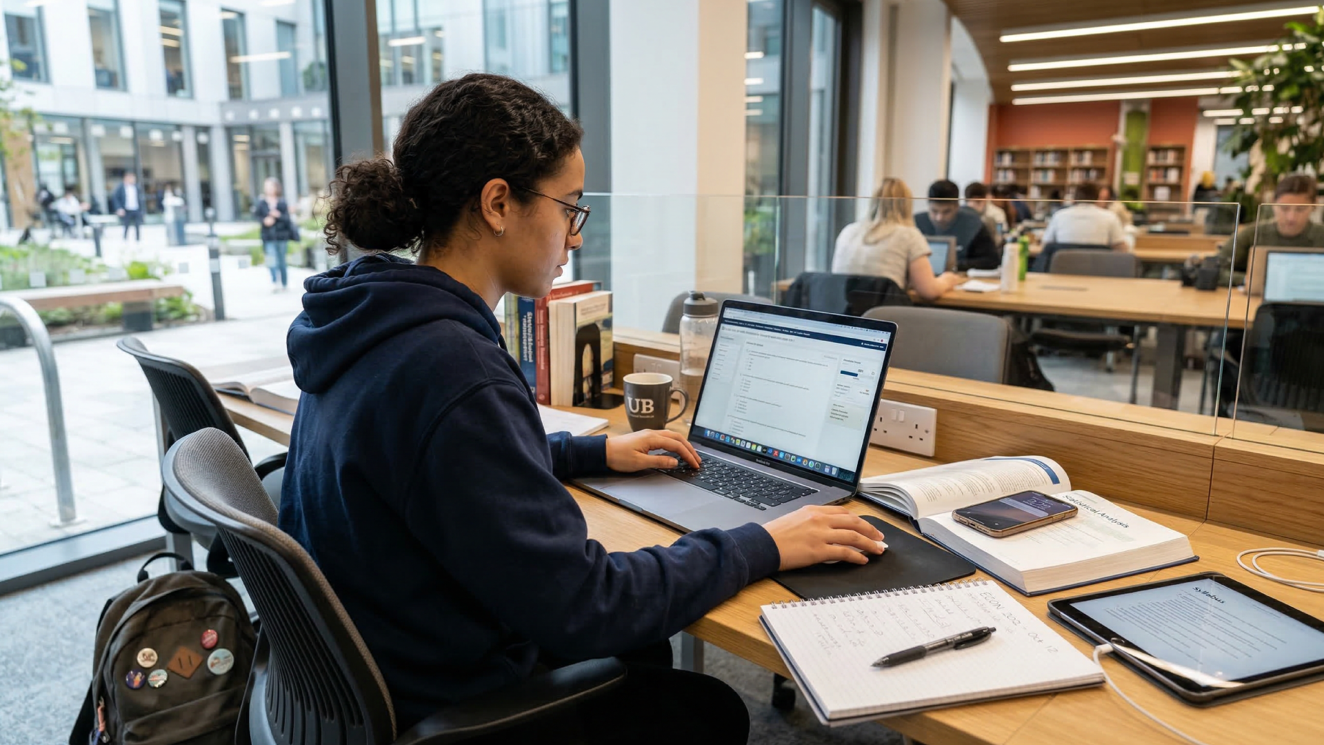 A student wearing glasses and a hoodie works on a laptop in a modern, glass-walled university library or study hall.