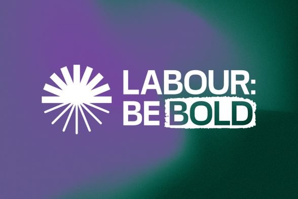 The words labour: be bold, accompanied with the green new deal rising icon (16-point star with the top half in a heavier weight), over a green and purple background