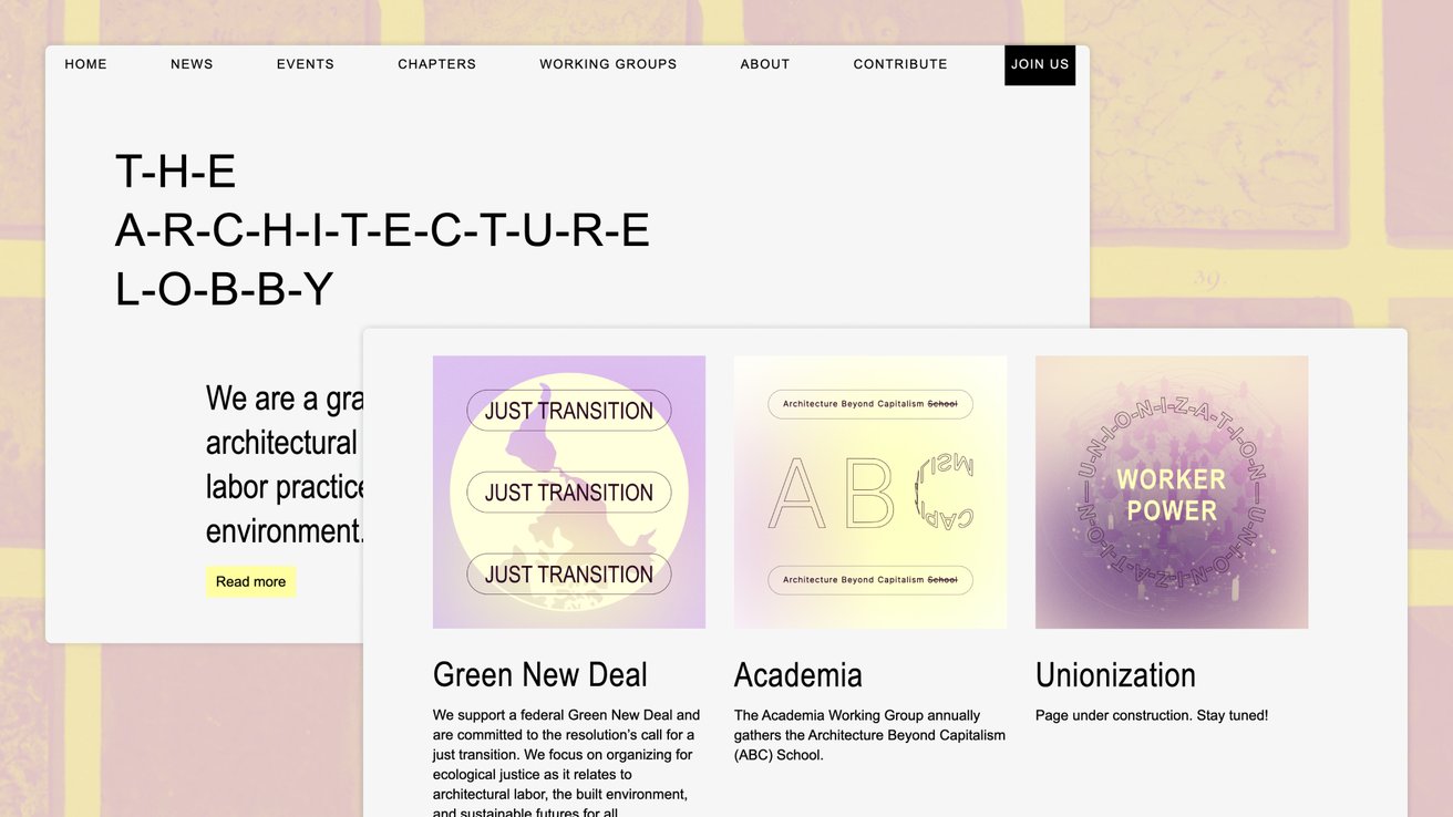 Two screenshots of the homepage and working group page on a yellow and purple background. In the foreground screenshot there are the names of three working groups: Green New Deal, Academia and Unionisation.