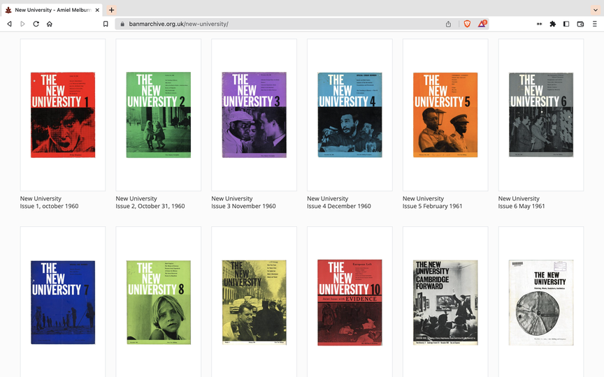 Screenshot of banm archive, showing archived covers of New University